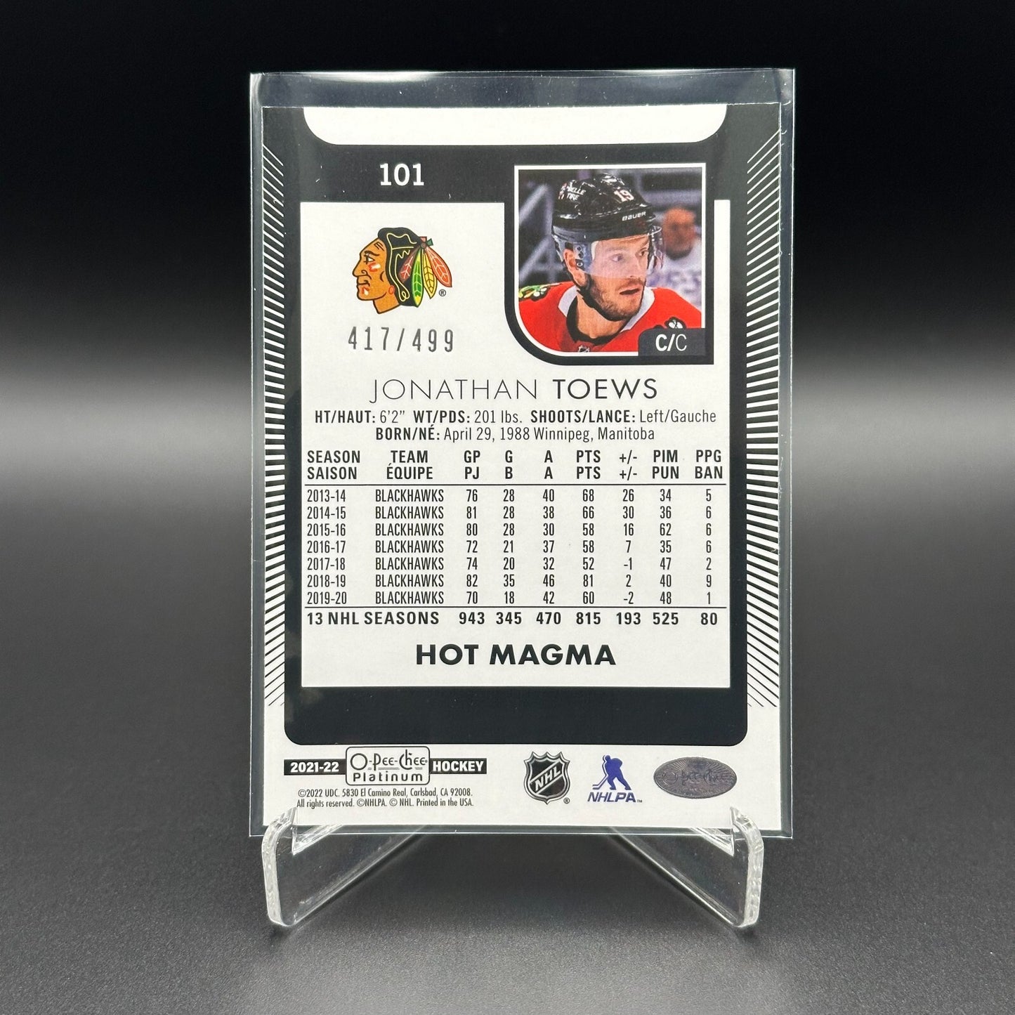 2021-22 O-Pee-Chee Platinum JONATHAN TOEWS #101 Hot Magma /499