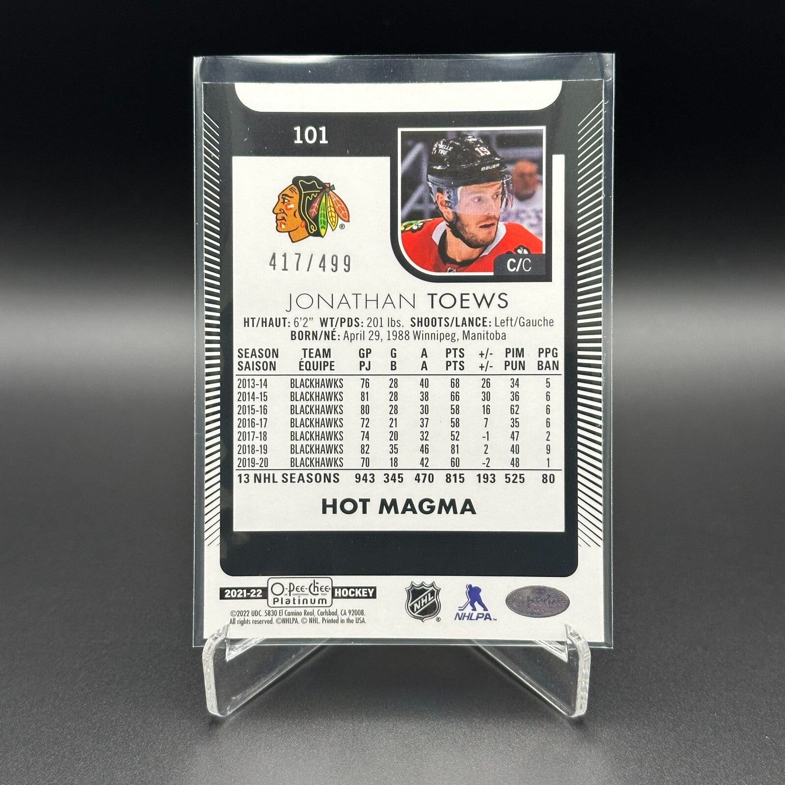2021-22 O-Pee-Chee Platinum JONATHAN TOEWS #101 Hot Magma /499