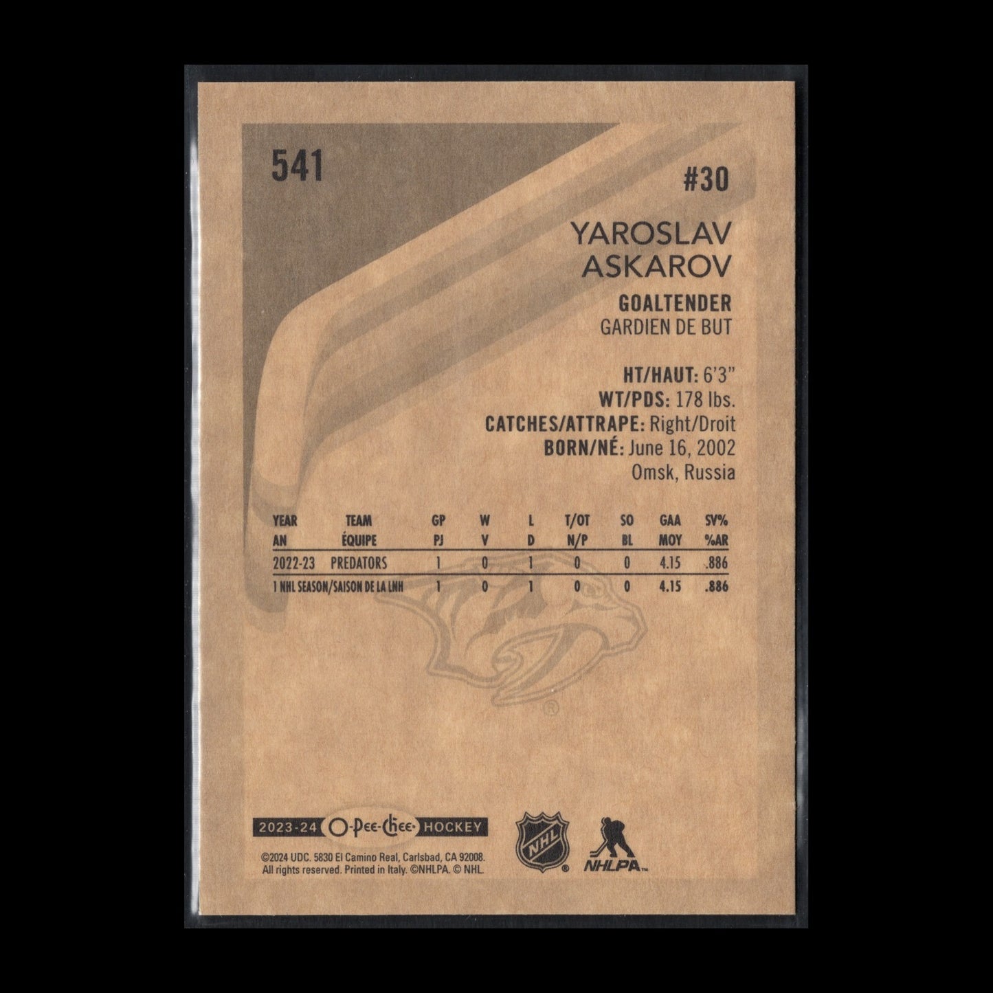 2023-24 O-Pee-Chee YAROSLAV ASKAROV #541 Retro Rookie RC - Nashville Predators