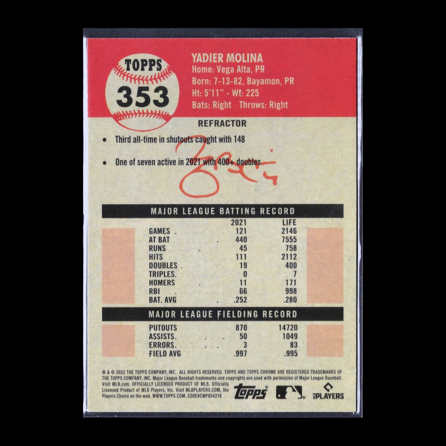 2022 Topps Chrome Platinum Anniversary YADIER MOLINA #353 Refractor