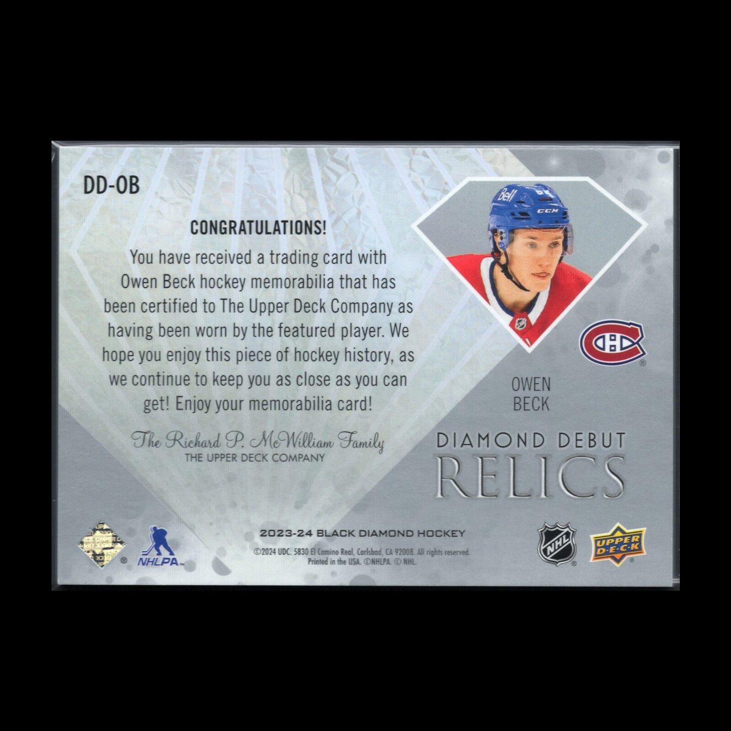 2023-24 UD Black Diamond OWEN BECK #DD-OB Diamond Debut Relics RC