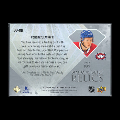 2023-24 UD Black Diamond OWEN BECK #DD-OB Diamond Debut Relics RC