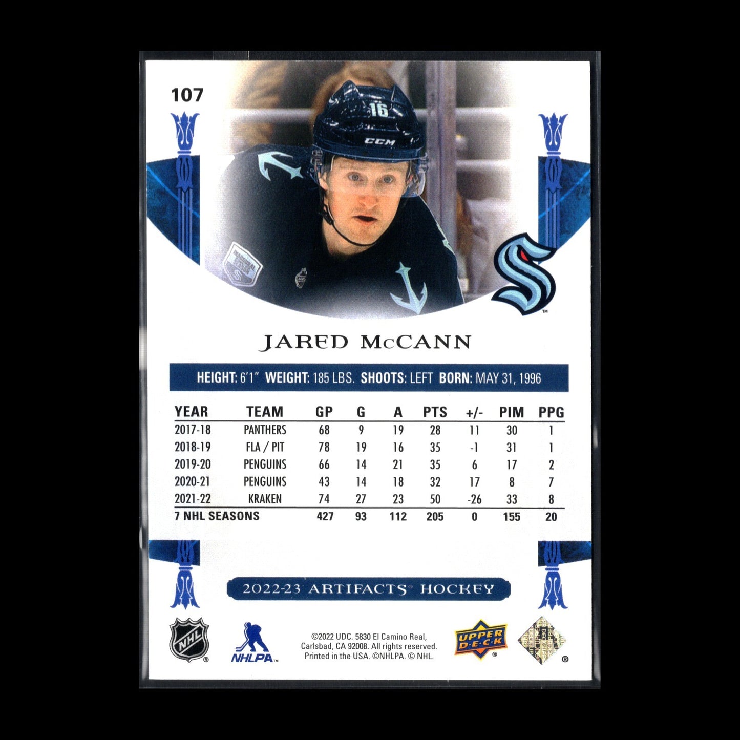 2022-23 UD Artifacts JARED MCCANN #107 Light Blue Steel /85 - Seattle Kraken