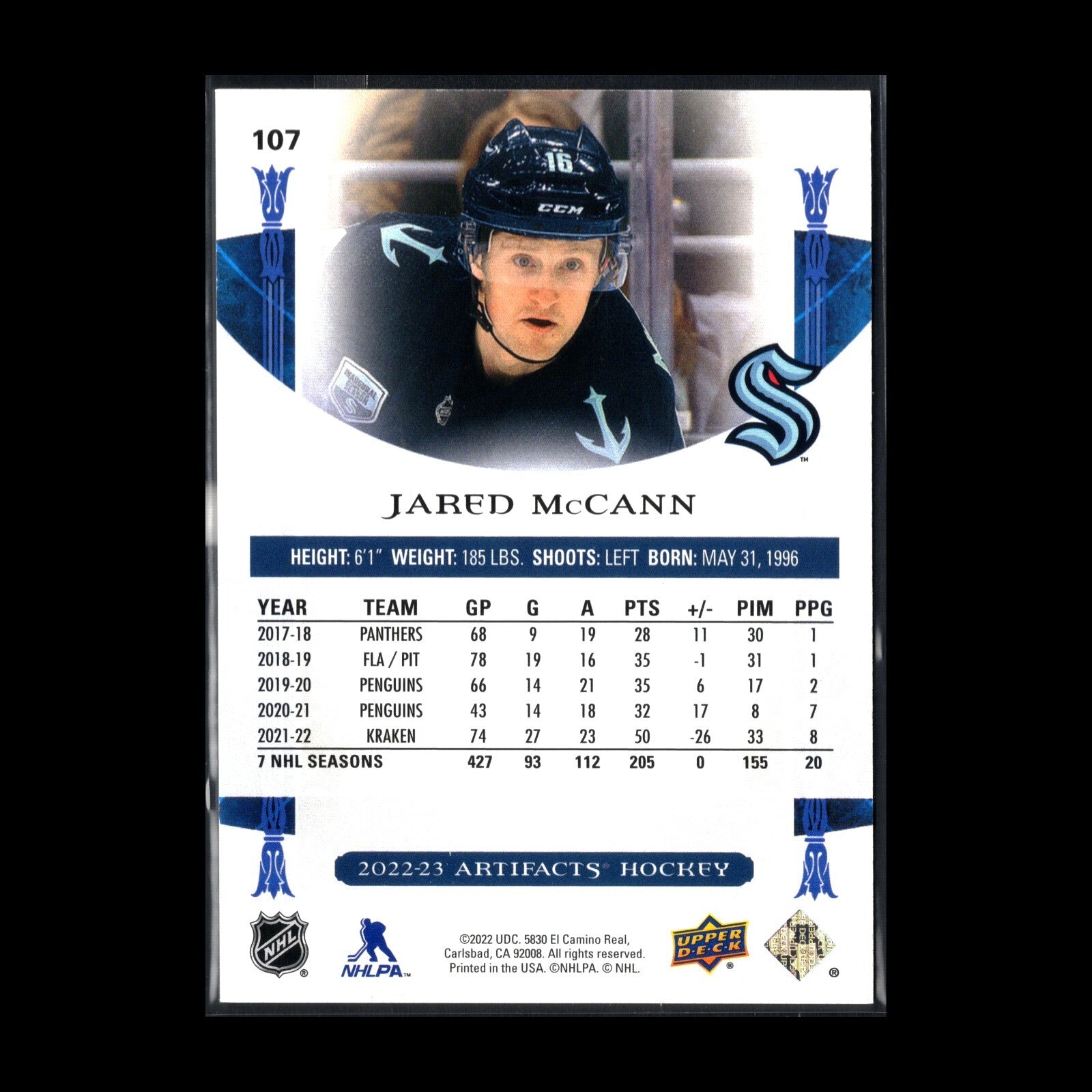 2022-23 UD Artifacts JARED MCCANN #107 Light Blue Steel /85 - Seattle Kraken
