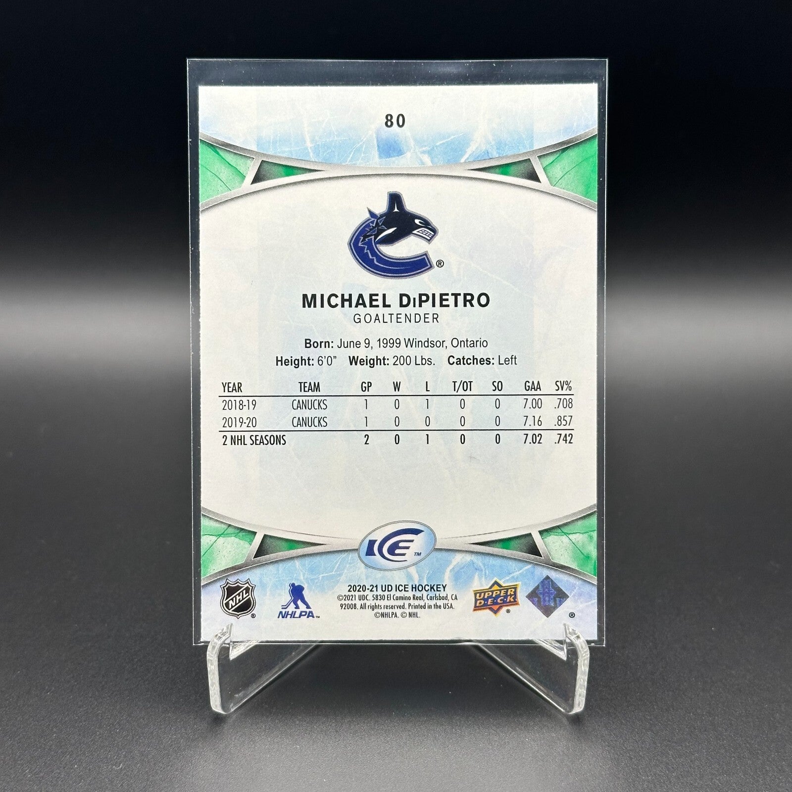 2020-21 UD Ice MICHAEL DIPIETRO #80 Base Green - Vancouver Canucks