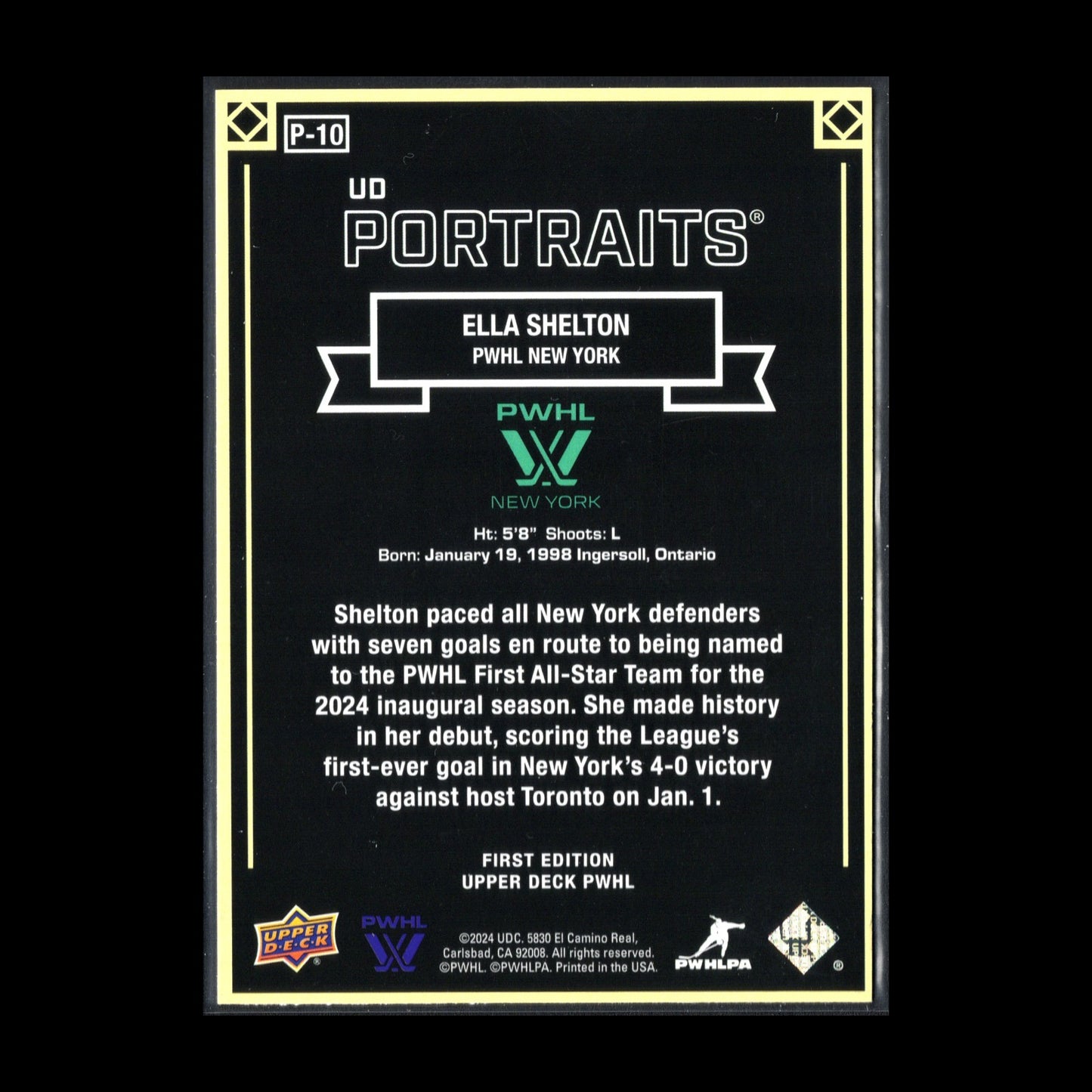 2024-25 UD PWHL ELLA SHELTON #P-10 UD Portraits New York Sirens -  1st Edition