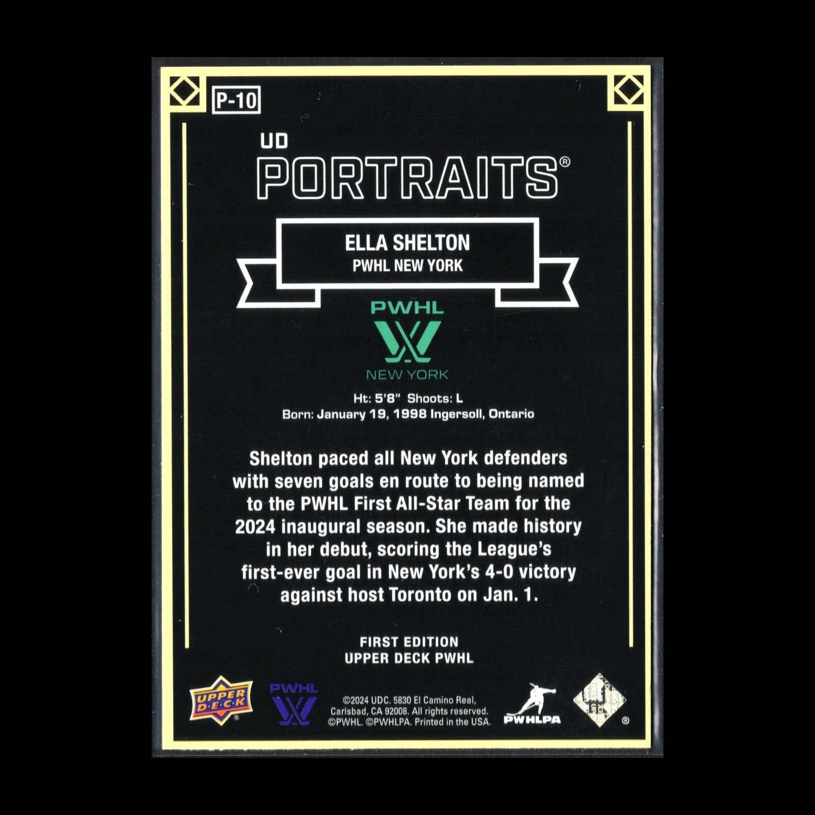 2024-25 UD PWHL ELLA SHELTON #P-10 UD Portraits New York Sirens -  1st Edition