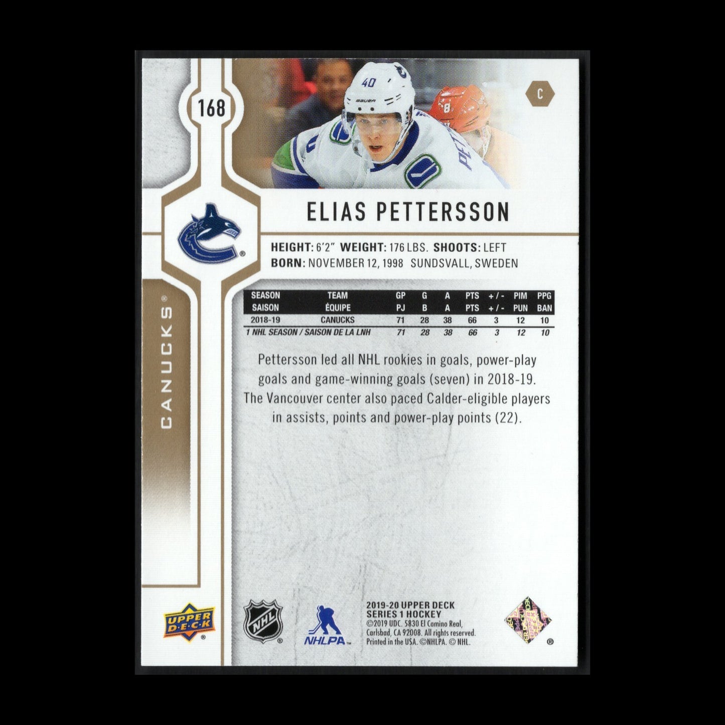2019-20 UD Series 1 ELIAS PETTERSSON #168 Speckled Rainbow Foil
