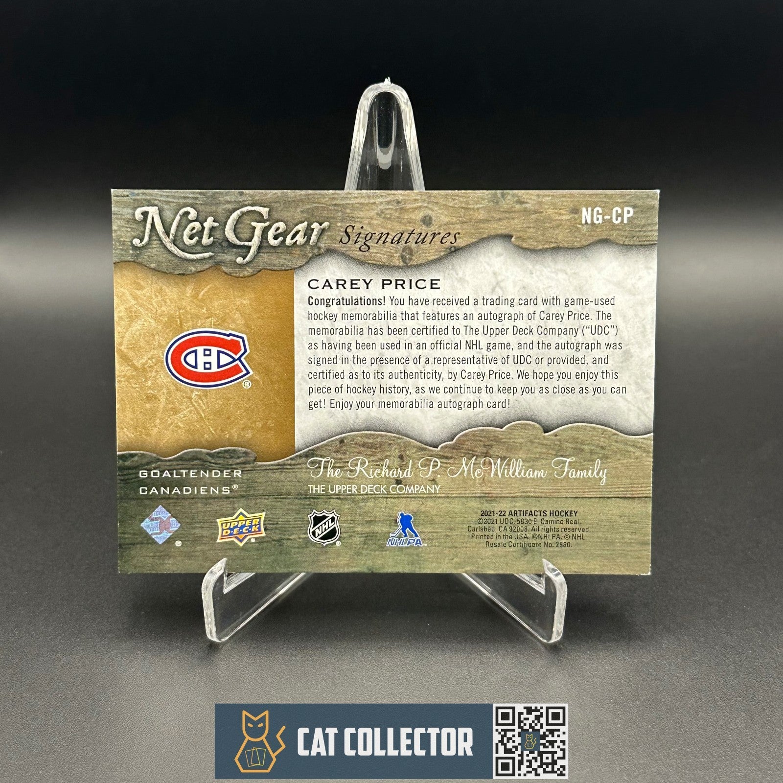 2021-22 UD Artifacts CAREY PRICE #NG-CP Net Gear /25 Auto Jersey