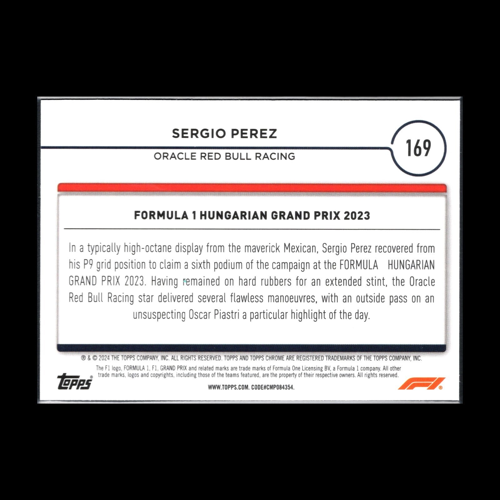 2024 Topps Chrome Formula 1 SERGIO PEREZ #169 Grand Prix Driver of the Day