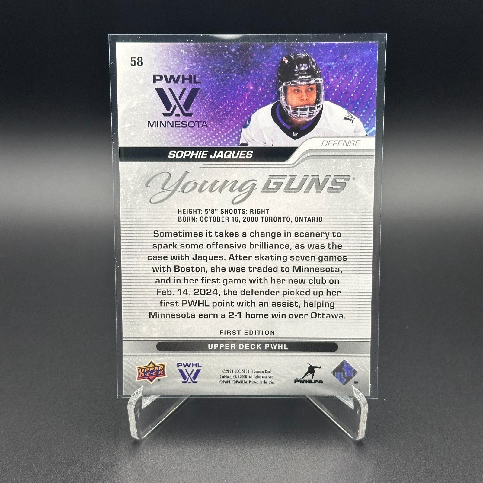 2024-25 UD PWHL SOPHIE JAQUES #58 Young guns RC - 1st EDITION!