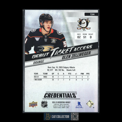 2024-25 UD Credentials OLEN ZELLWEGER #134 Debut Ticket Access Orange RC /199