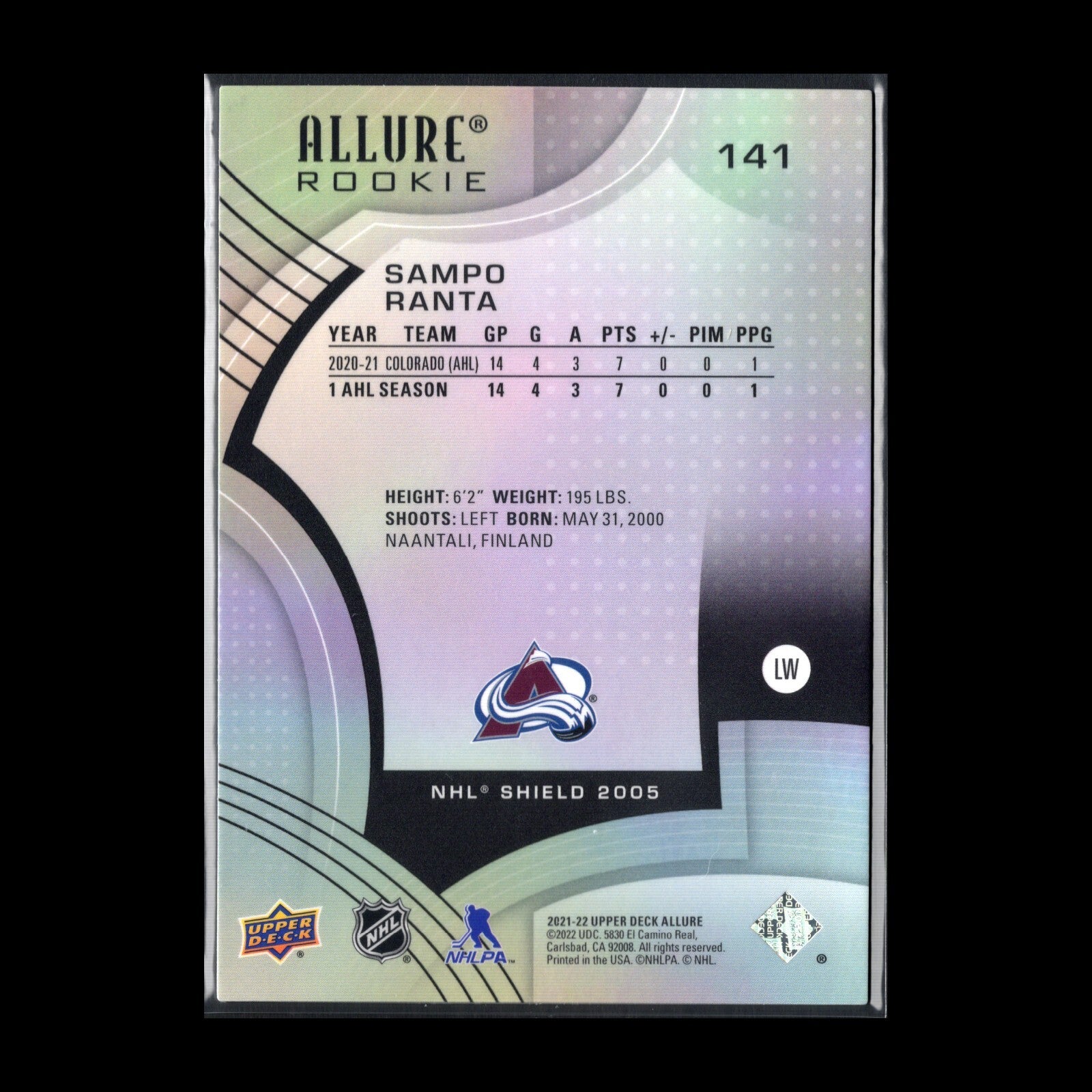 2021-22 UD Allure SAMPO RANTA #141 NHL Shield 1917 RC - Colorado Avalanche
