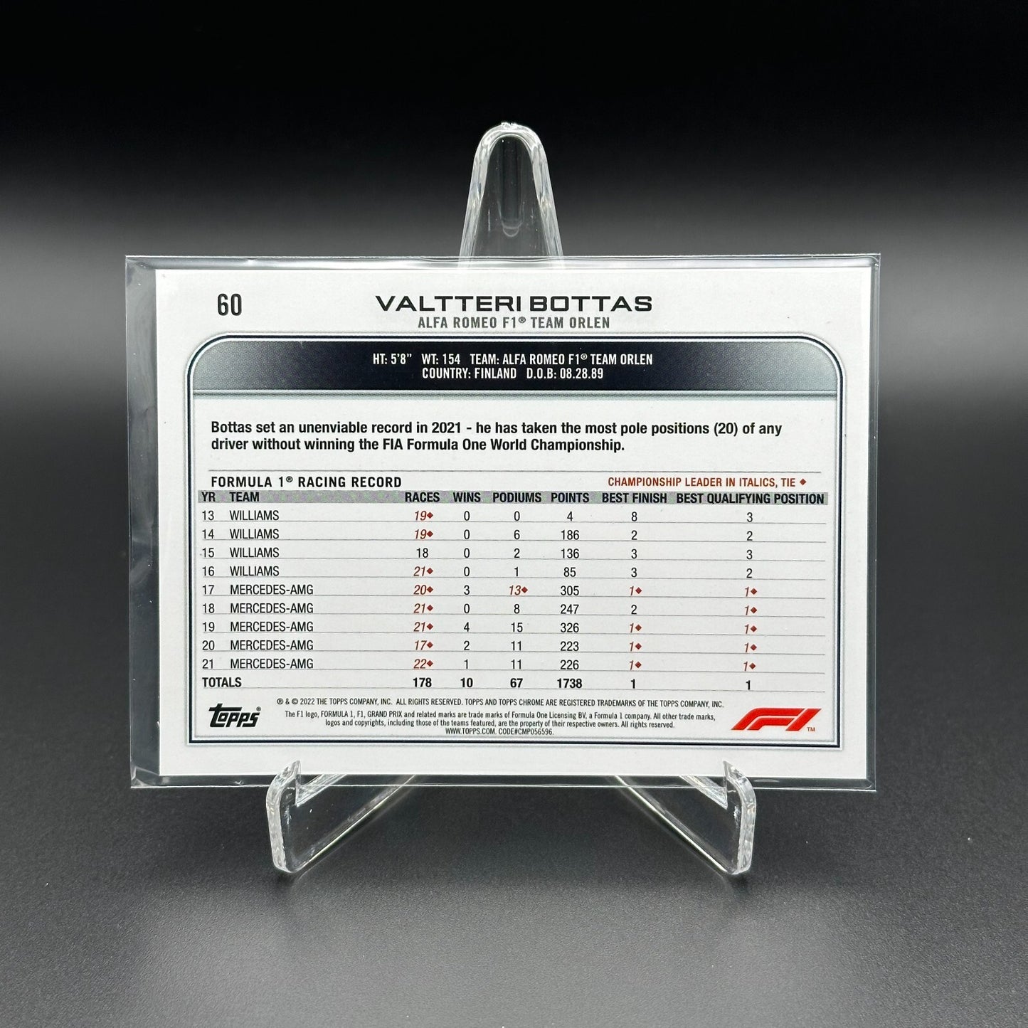 2022 Topps Chrome F1 Formula 1 VALTTERI BOTTAS #60 - Alfa Romeo