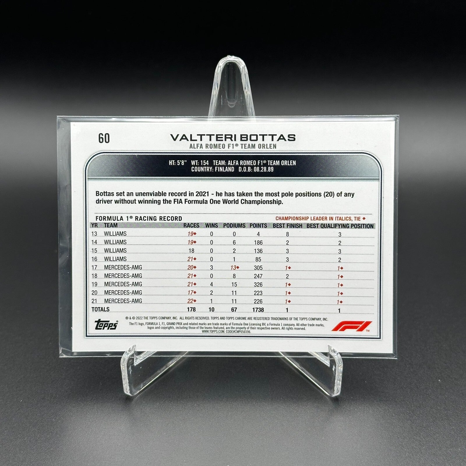 2022 Topps Chrome F1 Formula 1 VALTTERI BOTTAS #60 - Alfa Romeo