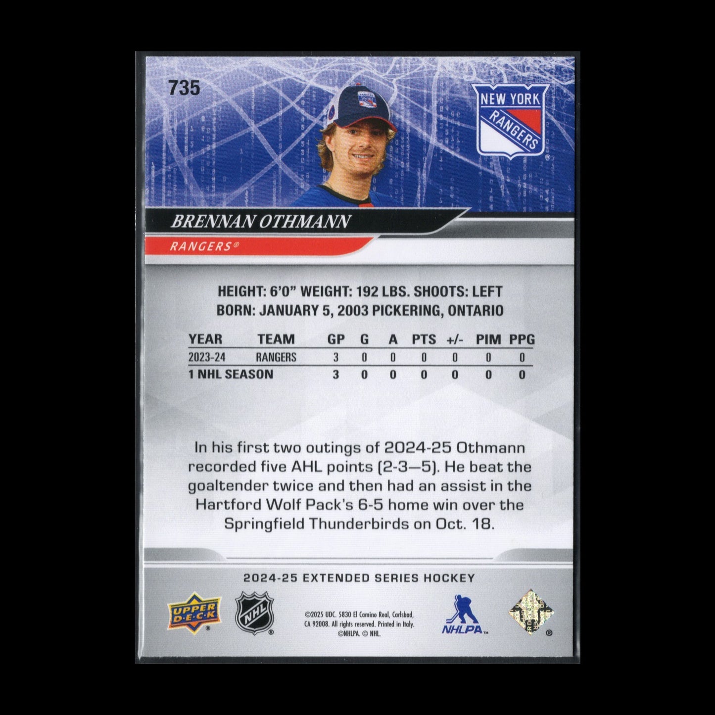 2024-25 UD Extended Series BRENNAN OTHMANN #735 1st Round Draft - NY Rangers