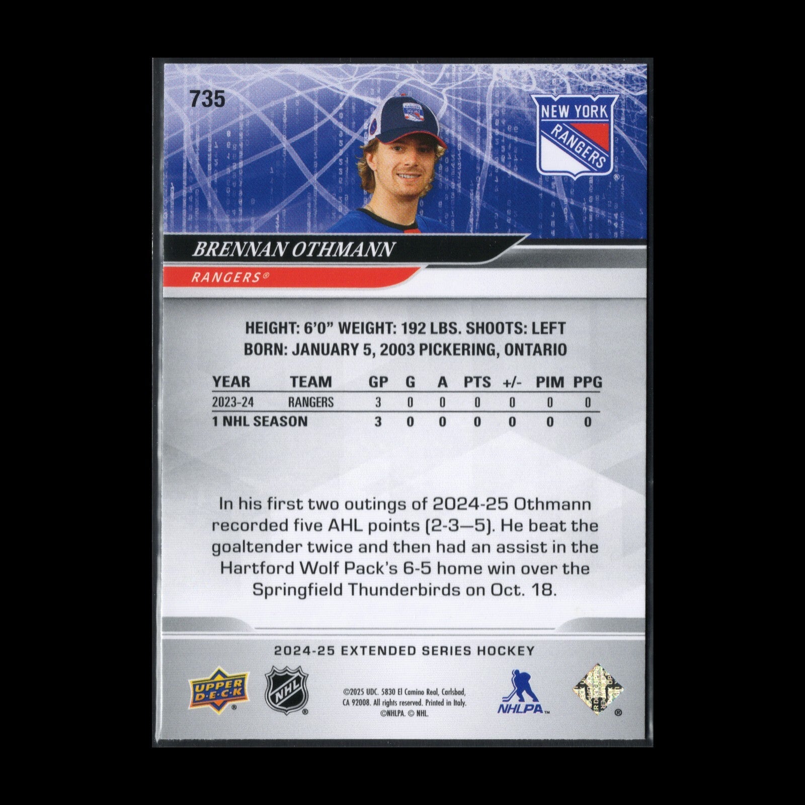 2024-25 UD Extended Series BRENNAN OTHMANN #735 1st Round Draft - NY Rangers