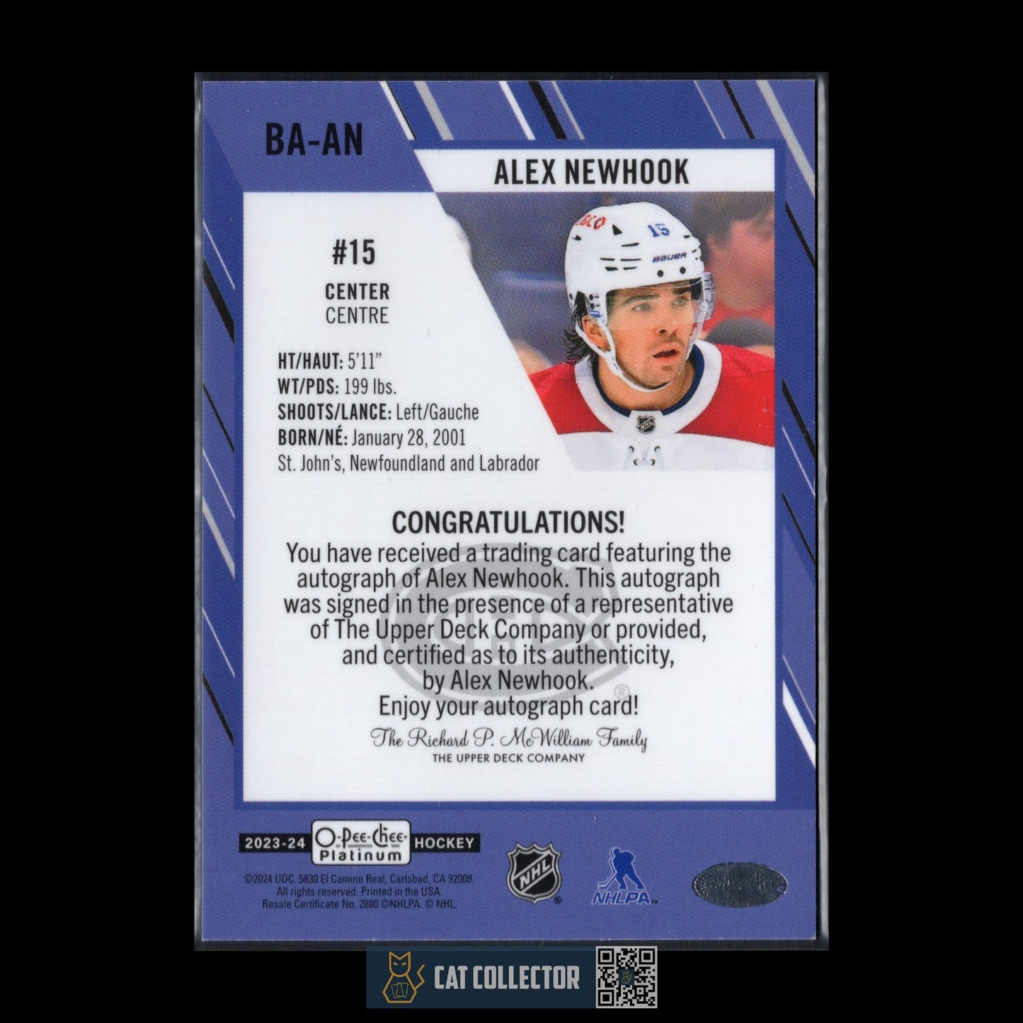 2023-24 O-Pee-Chee Platinum ALEX NEWHOOK #BA-AN Blue Rainbow Autographs Auto