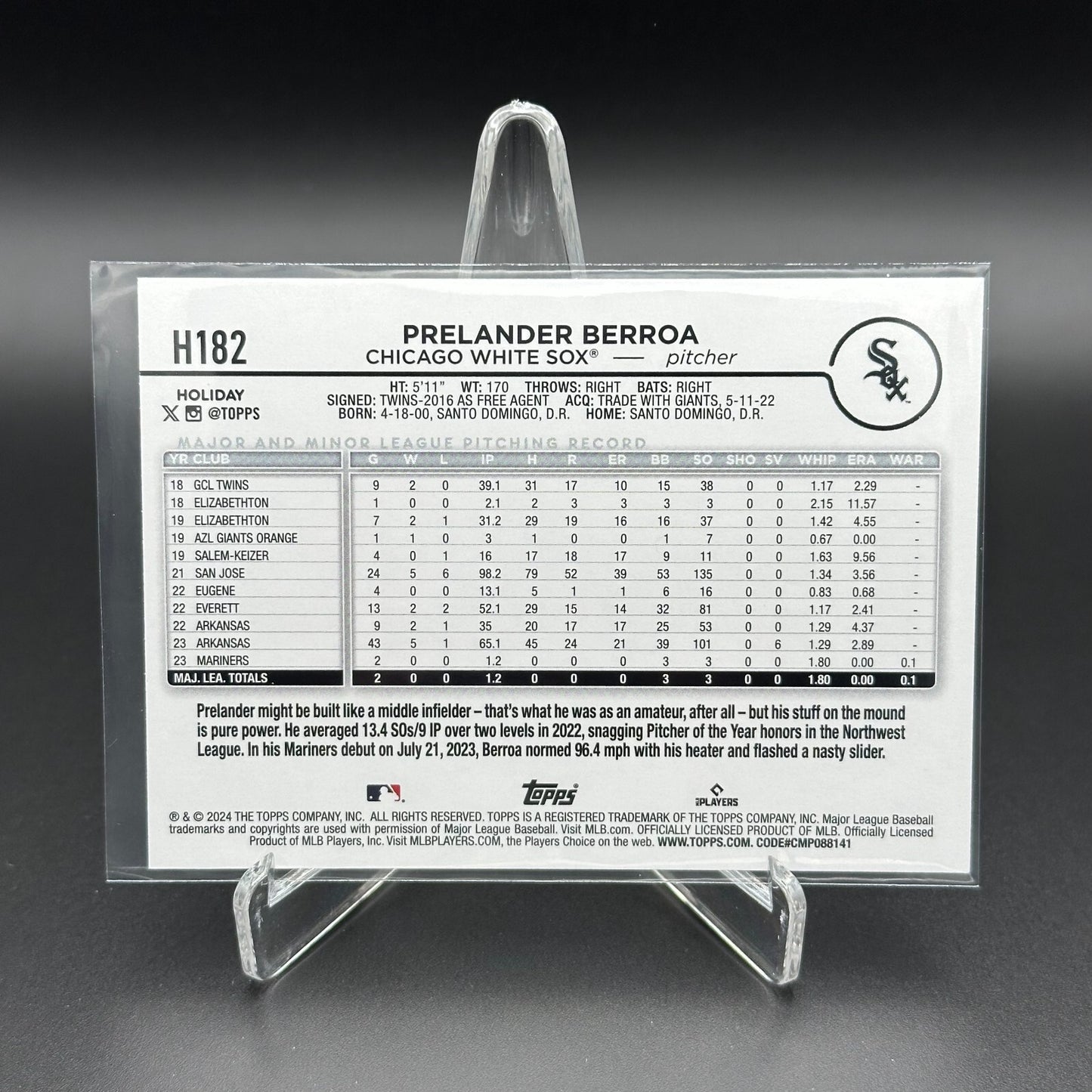 2024 Topps Holiday PRELANDER BERROA #H182 RC - Chicago White Sox