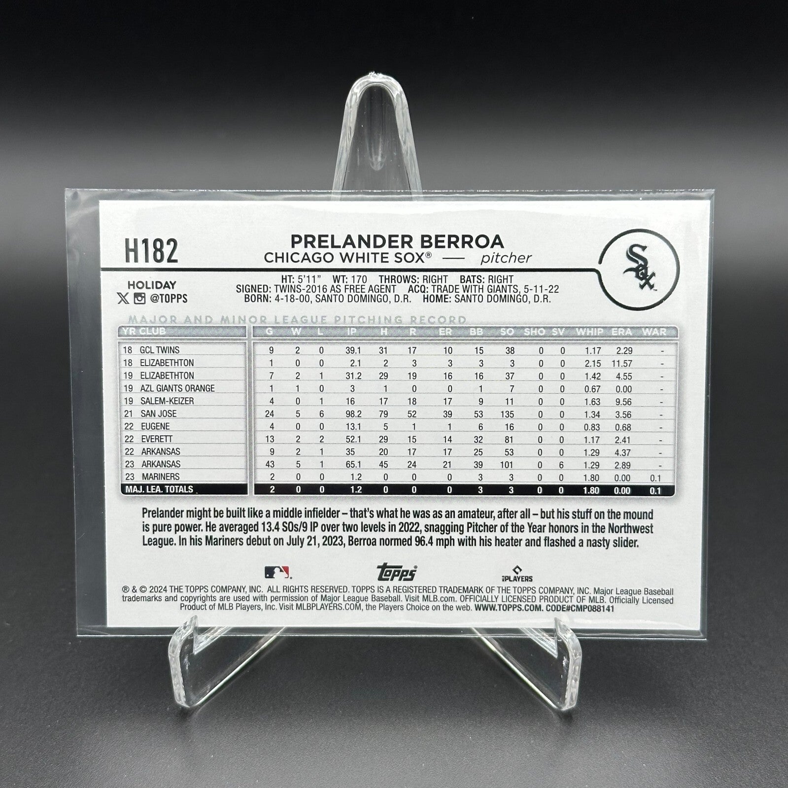 2024 Topps Holiday PRELANDER BERROA #H182 RC - Chicago White Sox