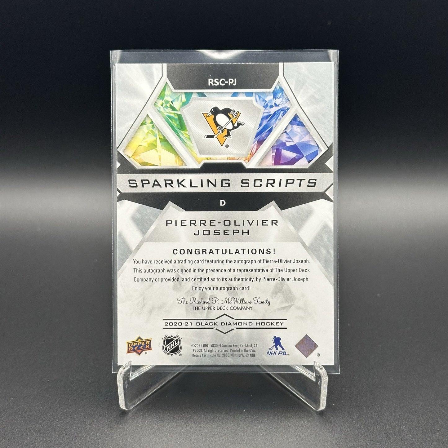 2020-21 UD Black Diamond PIERRE-OLIVIER JOSEPH #RSC-PJ Rookie Sparkling Scripts