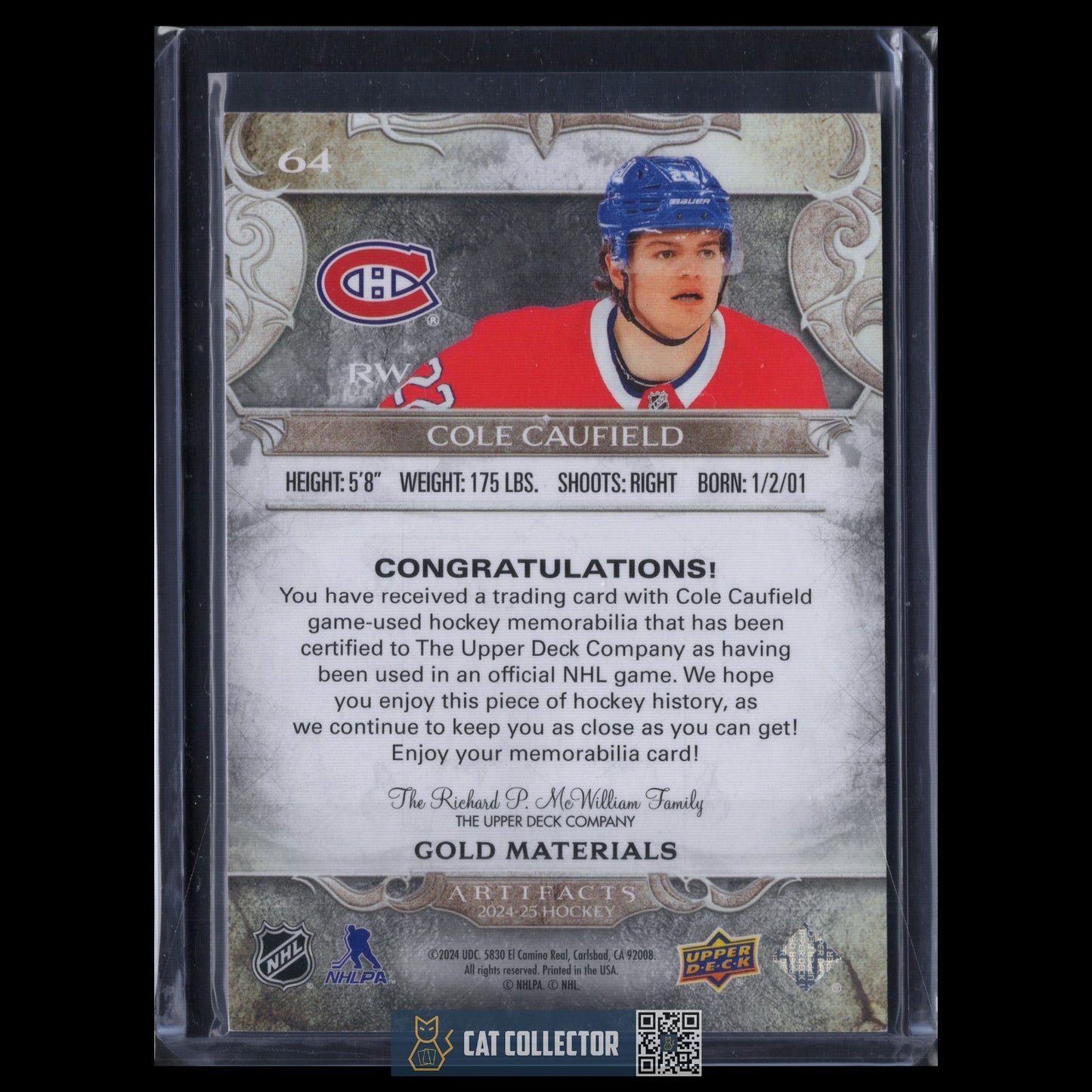 2024-25 UD Artifacts COLE CAUFIELD #64 Gold Materials /299 Jersey