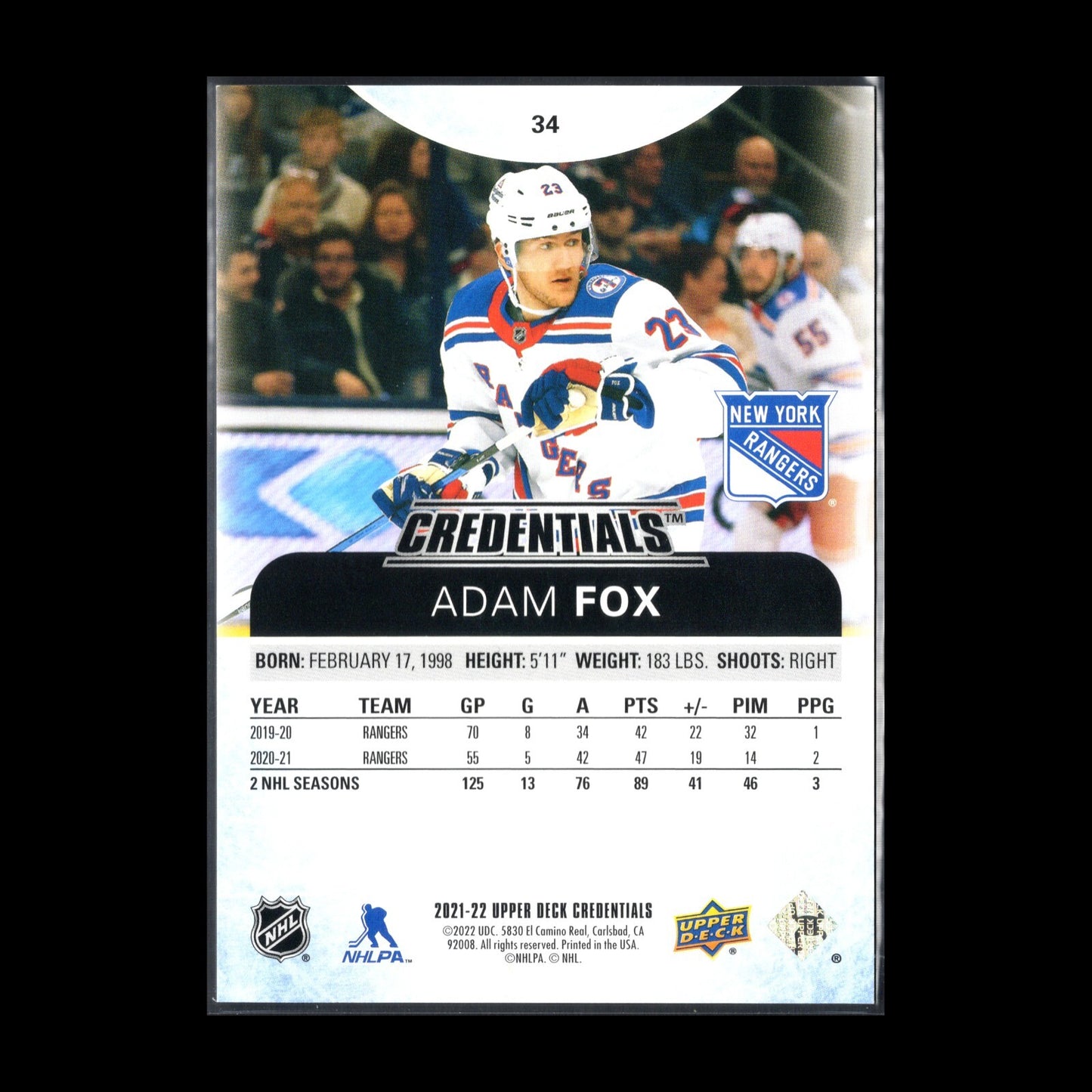 2021-22 UD Credentials ADAM FOX #34 Purple parallel 4/10 - New York Rangers