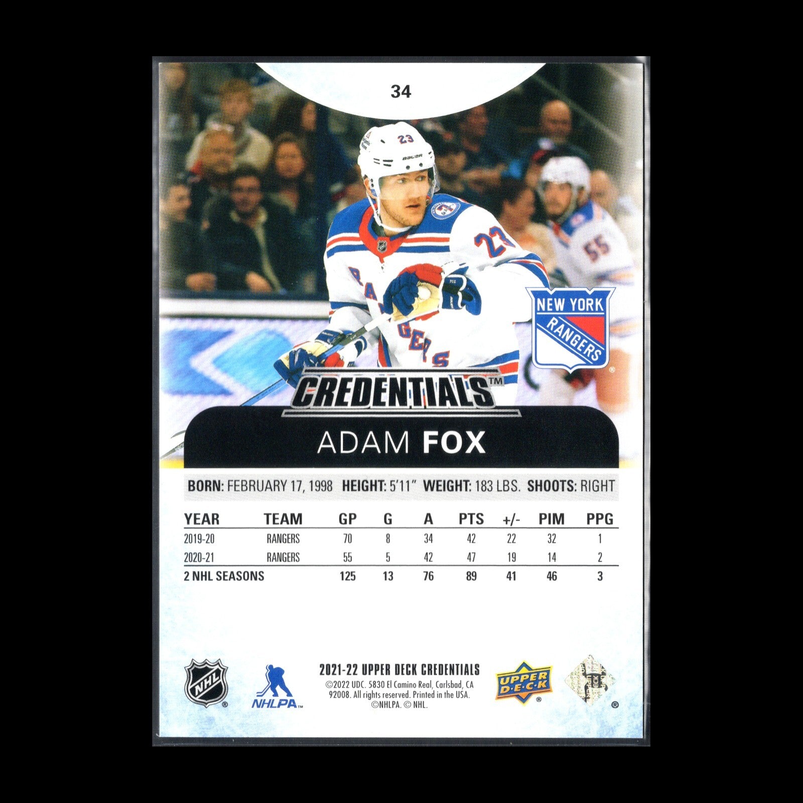 2021-22 UD Credentials ADAM FOX #34 Purple parallel 4/10 - New York Rangers