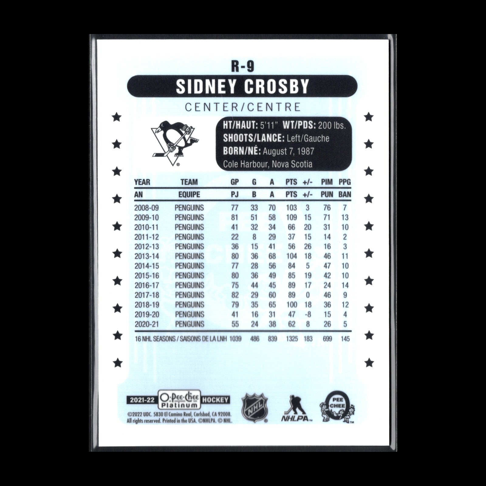 2021-22 O-Pee-Chee Platinum SIDNEY CROSBY #R-9 Retro - Pittsburgh Penguins