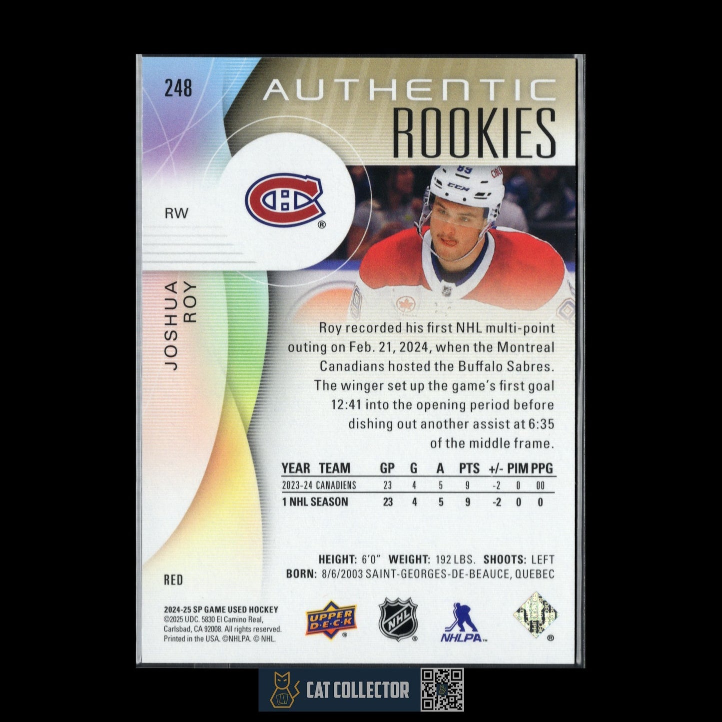 2024-25 UD SP Game Used JOSHUA ROY #248 Red RC Rookie - Montreal Canadiens