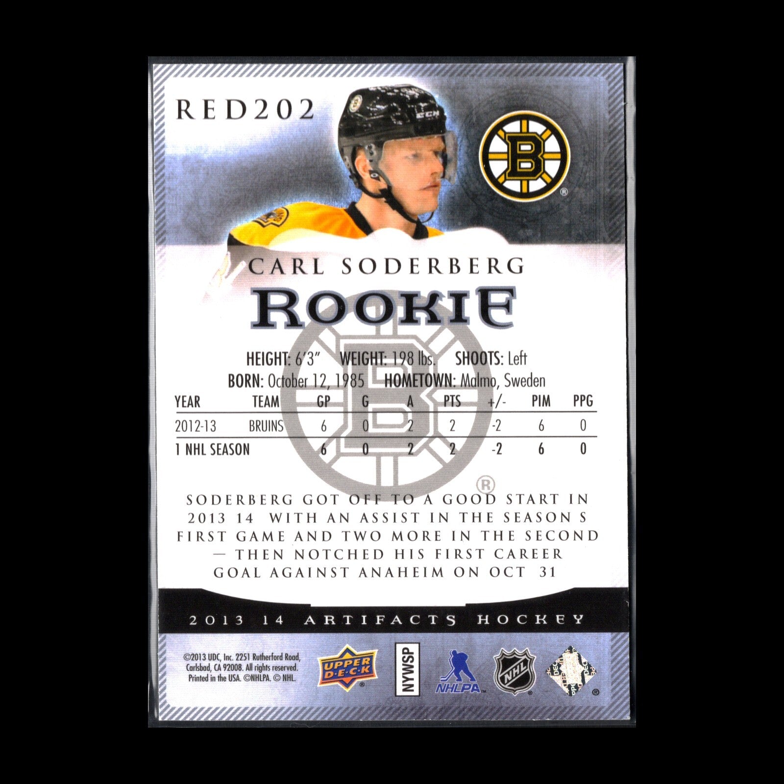 2013-14 UD Artifacts CARL SODERBERG #RED202 Rookie RC /899 - Boston Bruins