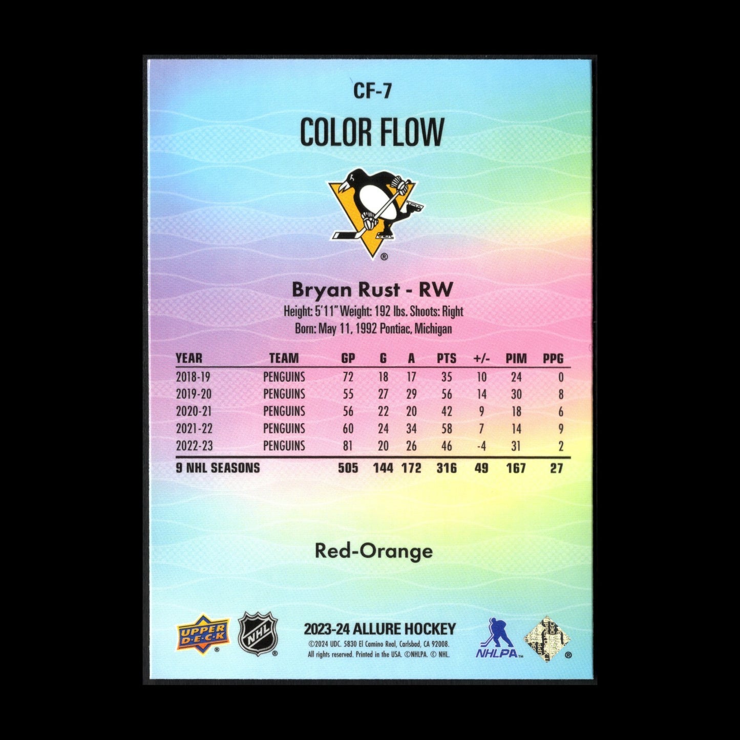 2023-24 UD Allure BRYAN RUST #CF-7 Color Flow Red-Orange - Pittsburgh Penguins