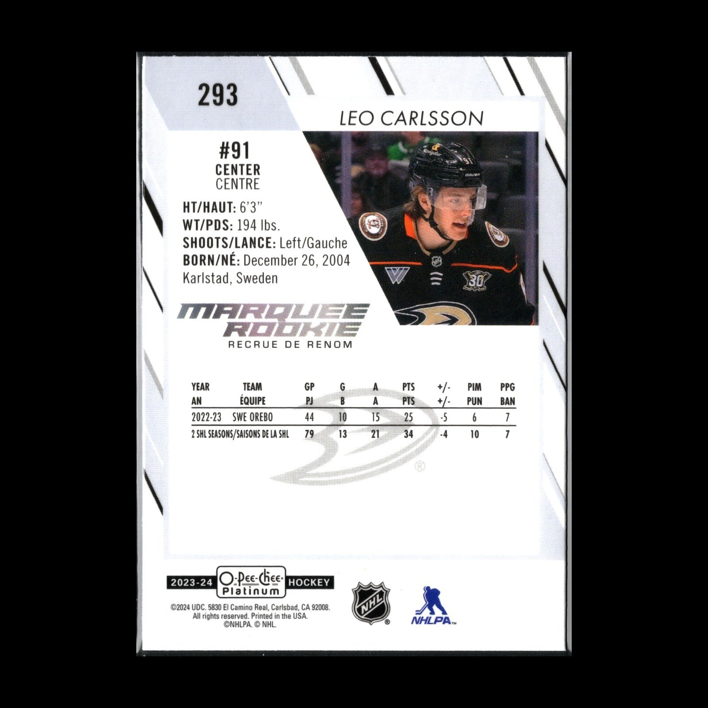 2023-24 O-Pee-Chee Platinum LEO CARLSSON #293 Marquee rookie RC - Anaheim Ducks