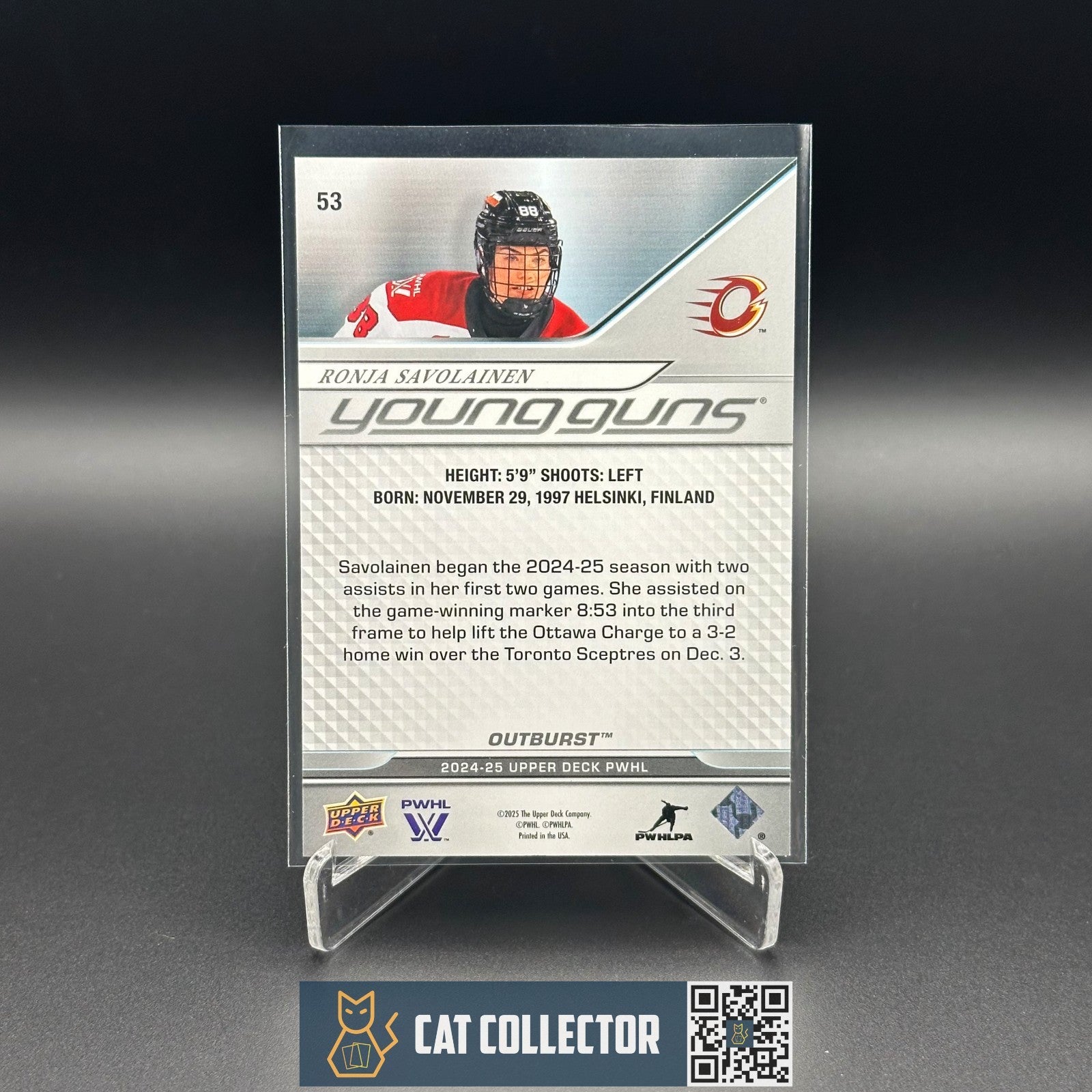2024-25 UD PWHL RONJA SAVOLAINEN #53 Young Guns Outburst RC - Ottawa Charge