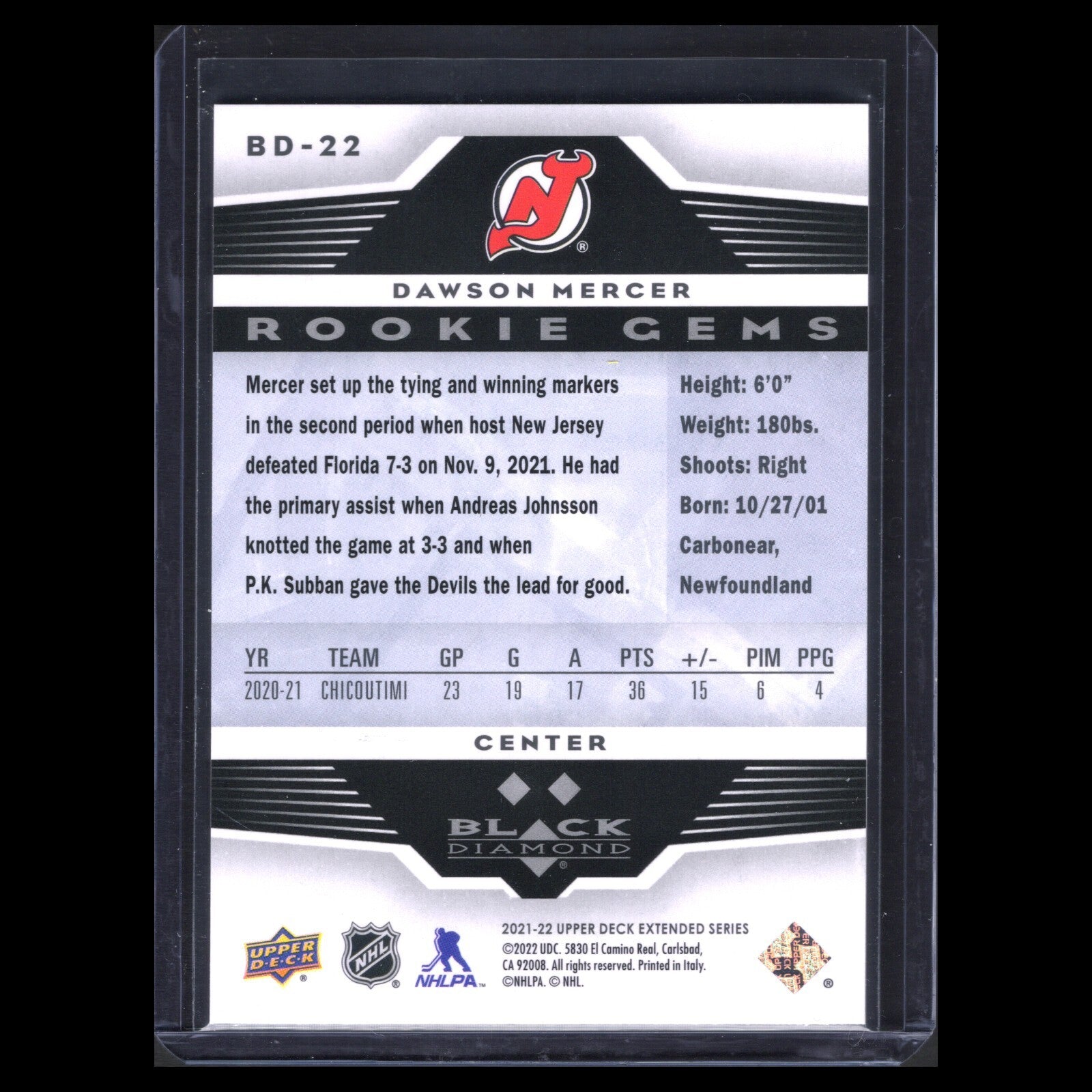 2021-22 UD Extended DAWSON MERCER #BD-22 Black Diamond Rookie Gems - NJ Devils