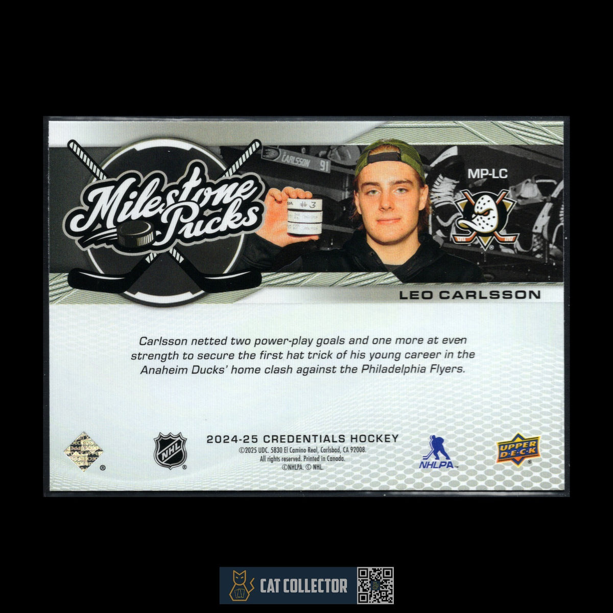 Milestone Puck 2024-25 UD Credentials LEO CARLSSON #MP-LC Milestone Pucks – Cat Collector