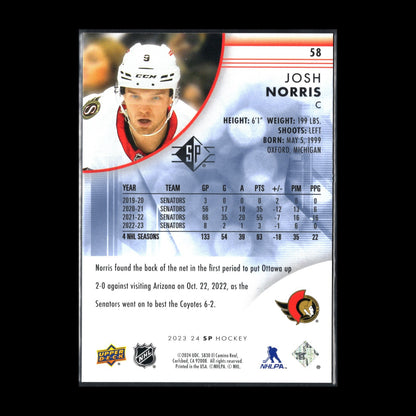 2023-24 UD SP Authentic JOSH NORRIS #58 Blue parallel - Ottawa Senators