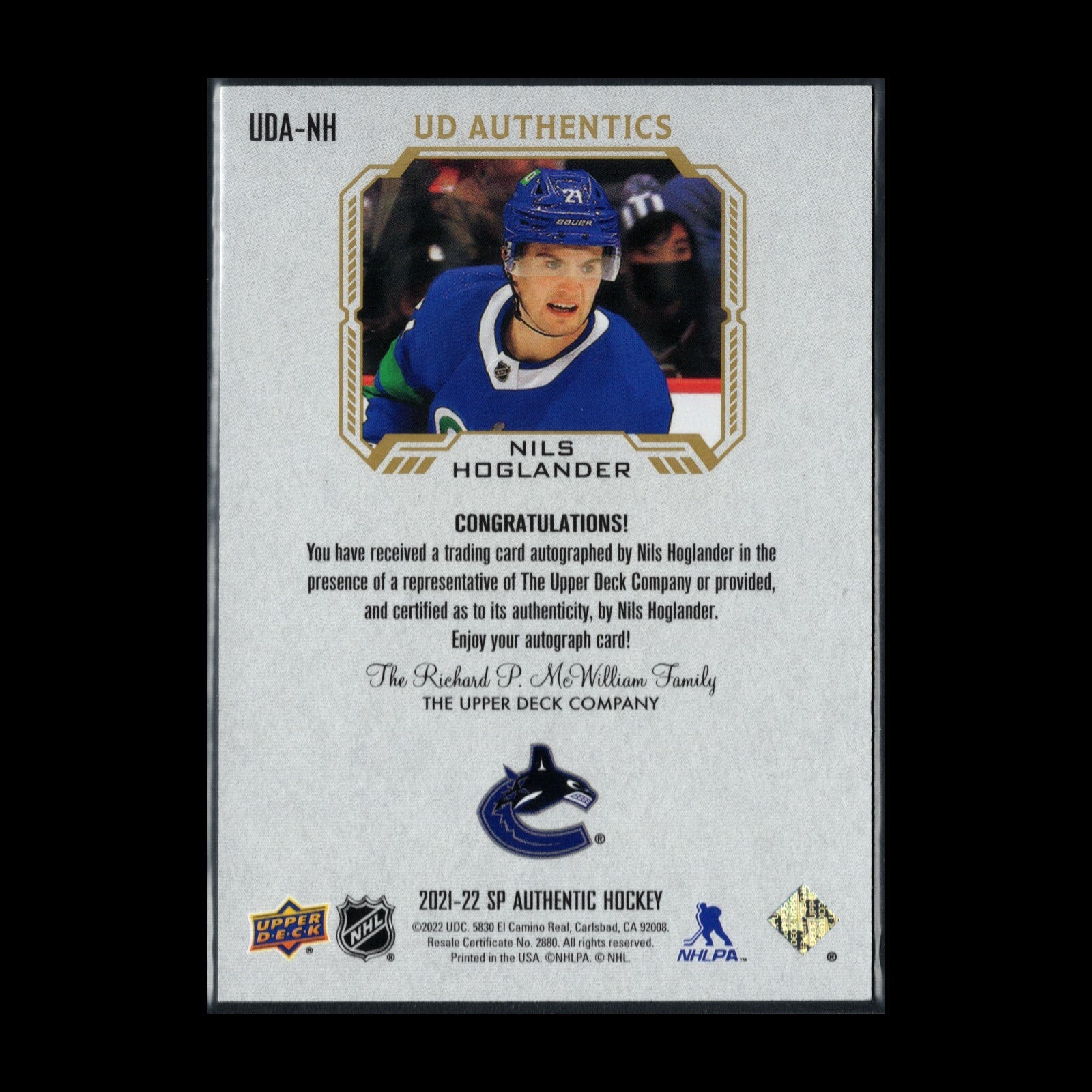 2021-22 UD SP Authentic NILS HOGLANDER #UDA-NH UD Authentics AUTO