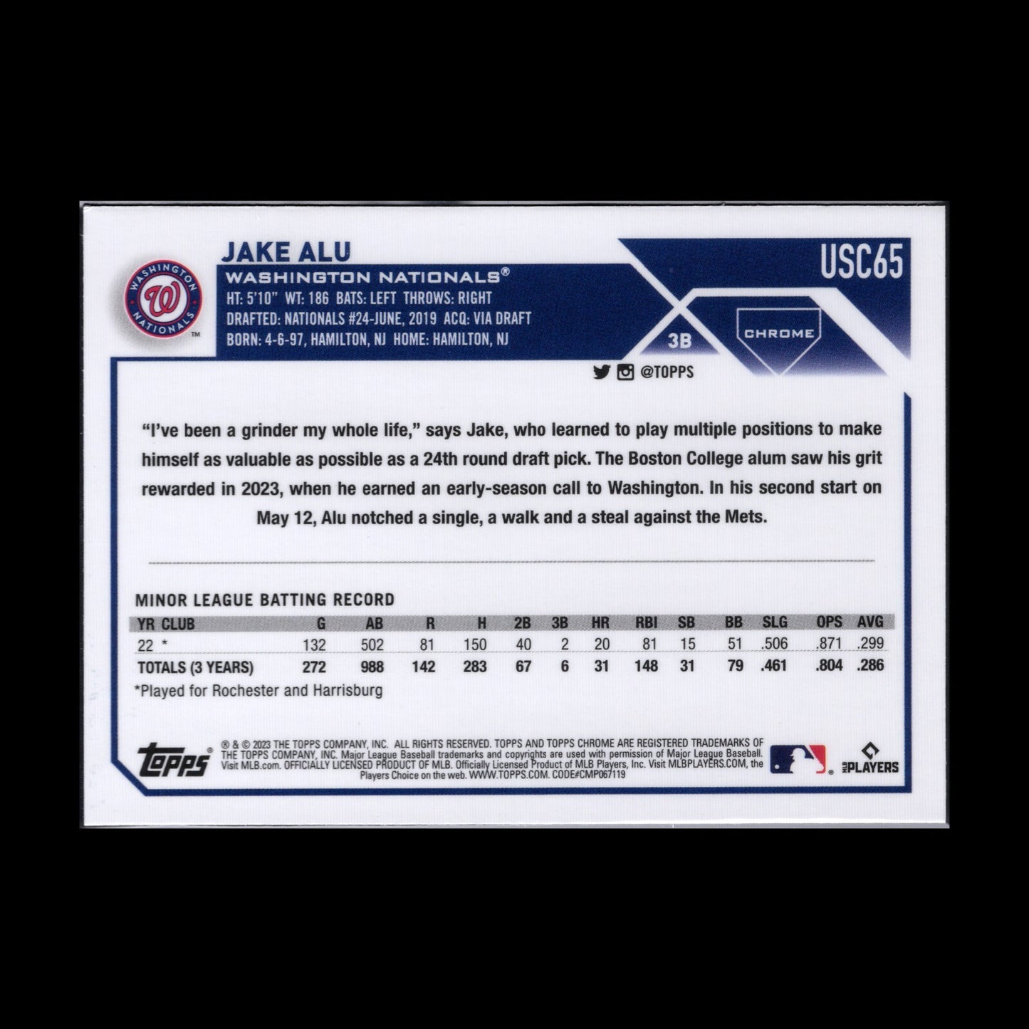 2023 Topps Chrome Updated Series JAKE ALU #USC65 Rookie RC Washington Nationals