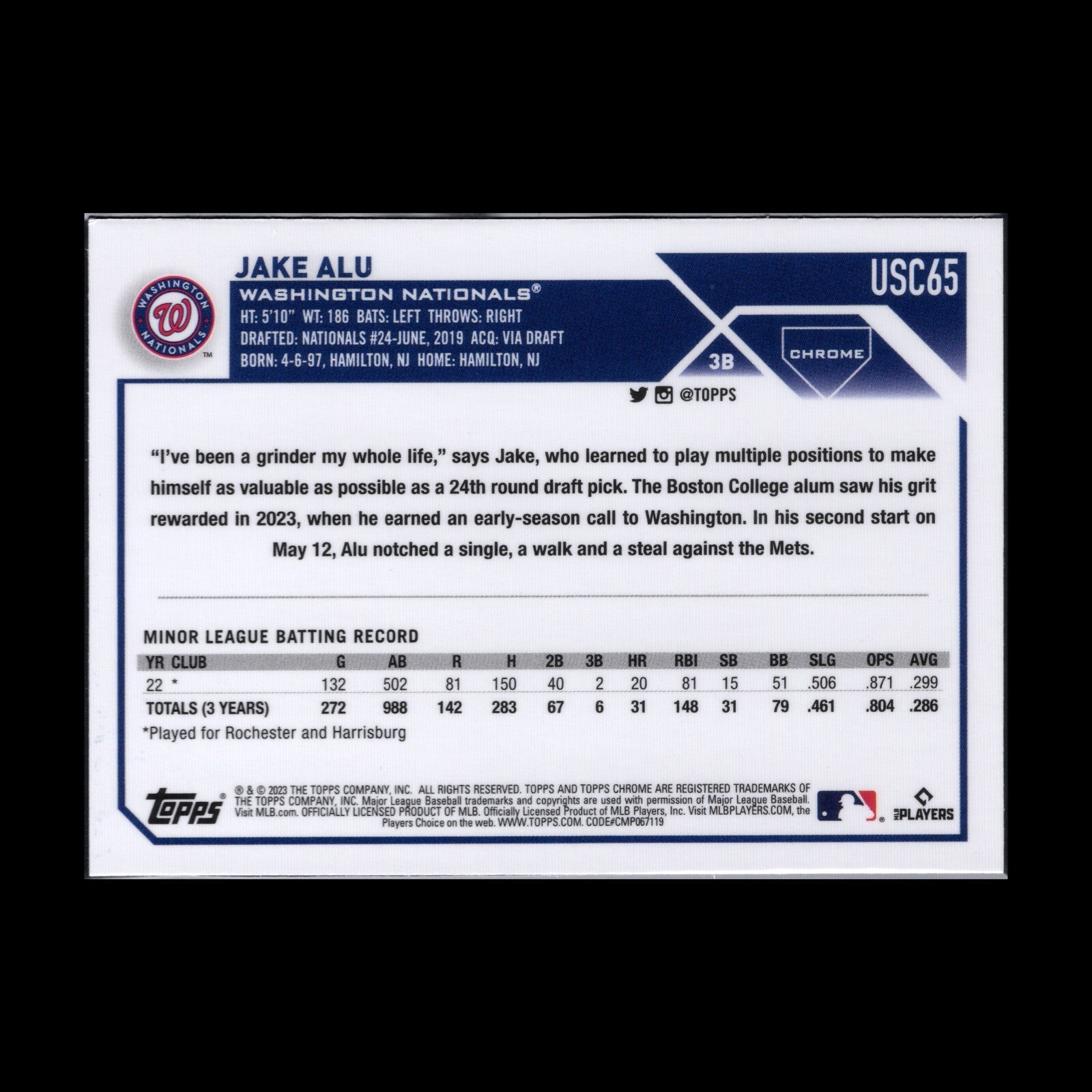 2023 Topps Chrome Updated Series JAKE ALU #USC65 Rookie RC Washington Nationals