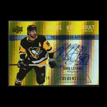 2021-22 UD Credentials KRIS LETANG #RTAA-KL Ticket Access Autographs /15