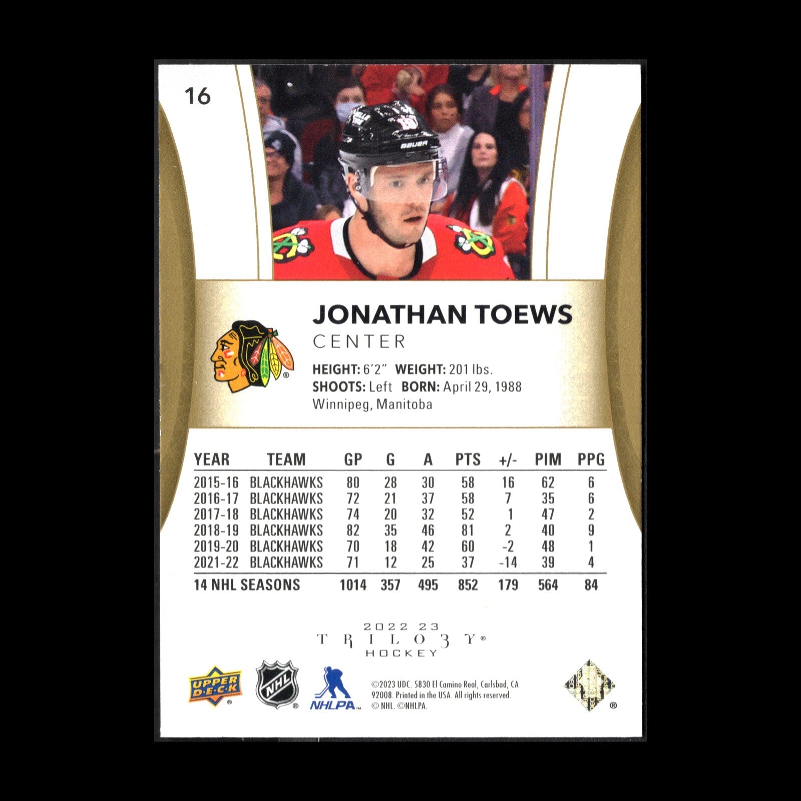 2022-23 UD Trilogy JONATHAN TOEWS #16 Chicago Blackhawks