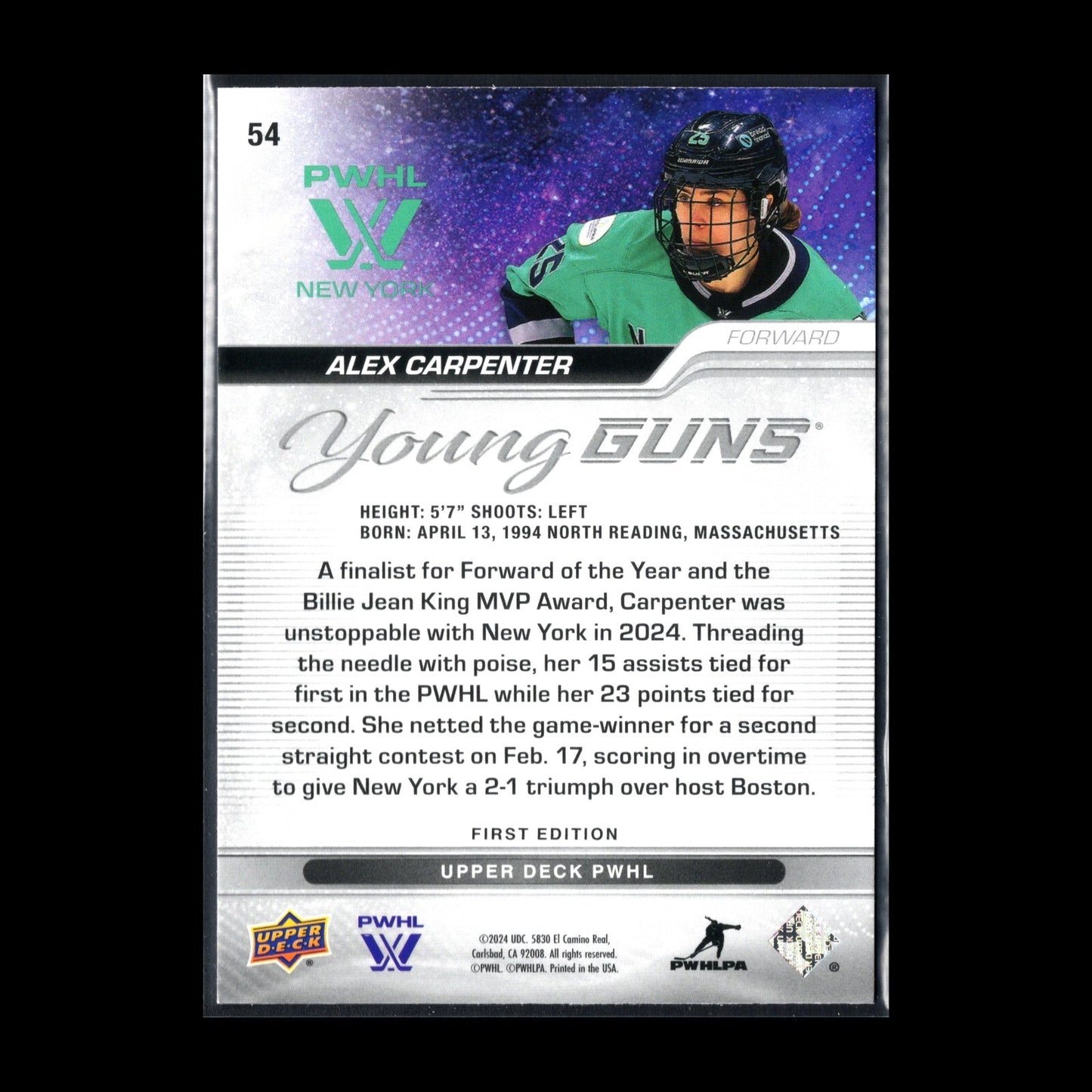 2024-25 UD PWHL ALEX CARPENTER #54 Young guns RC - 1st Edition!