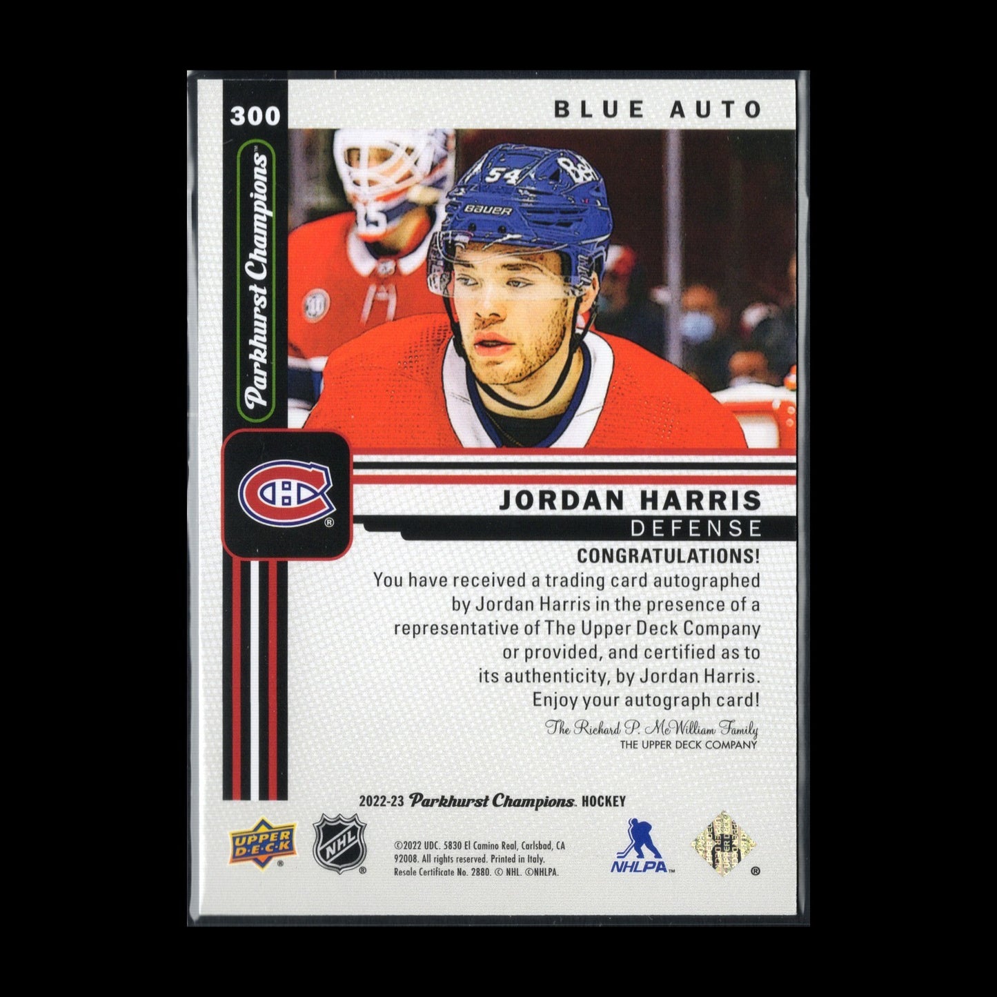 2022-23 UD Parkhurst Champions JORDAN HARRIS #300 Blue Rookie RC AUTOGRAPH /25