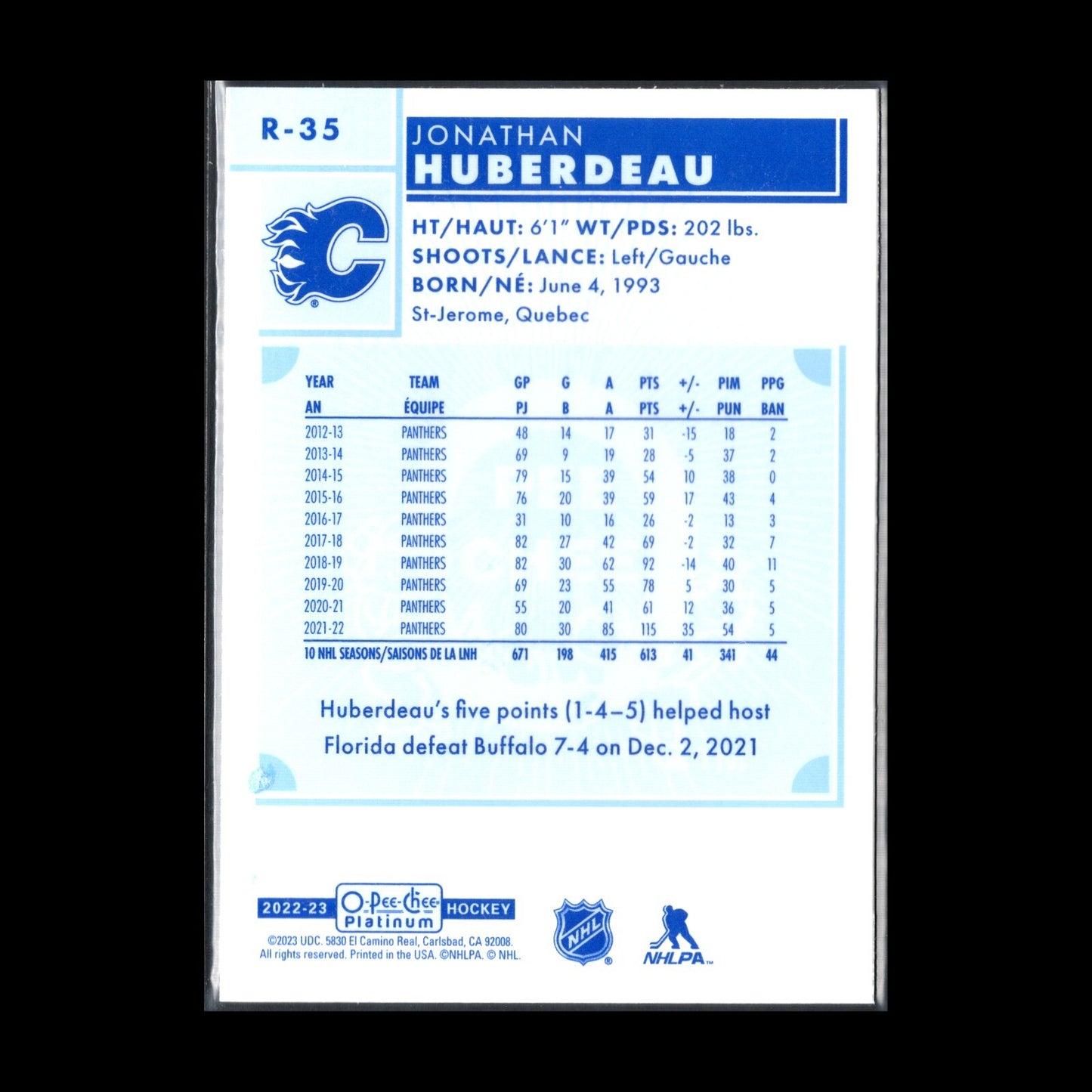 2022-23 O-Pee-Chee Platinum JONATHAN HUBERDEAU #R-35 Retro - Calgary Flames
