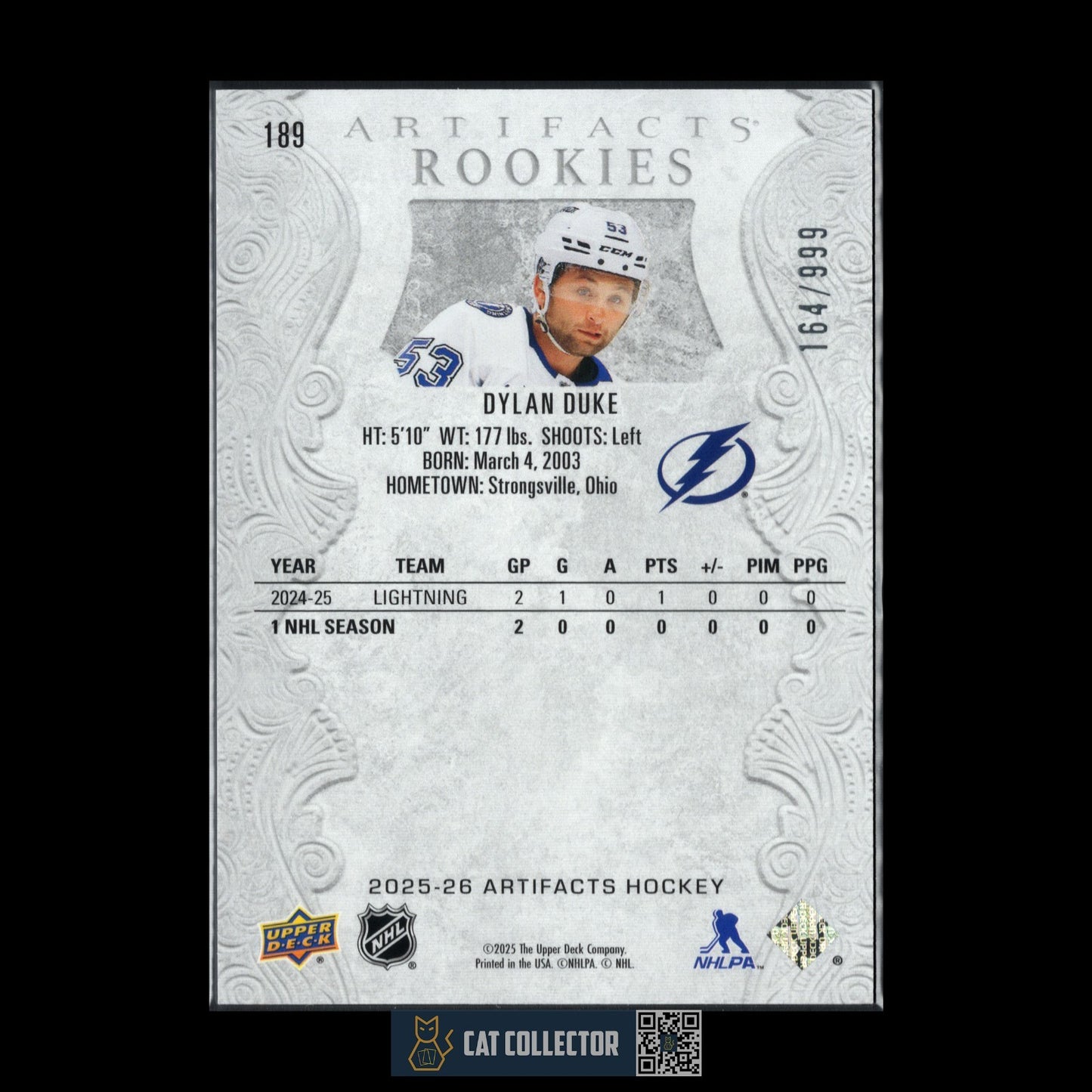 2025-26 UD Artifacts DYLAN DUKE #189 Rookie RC /999 - Tampa Bay Lightning
