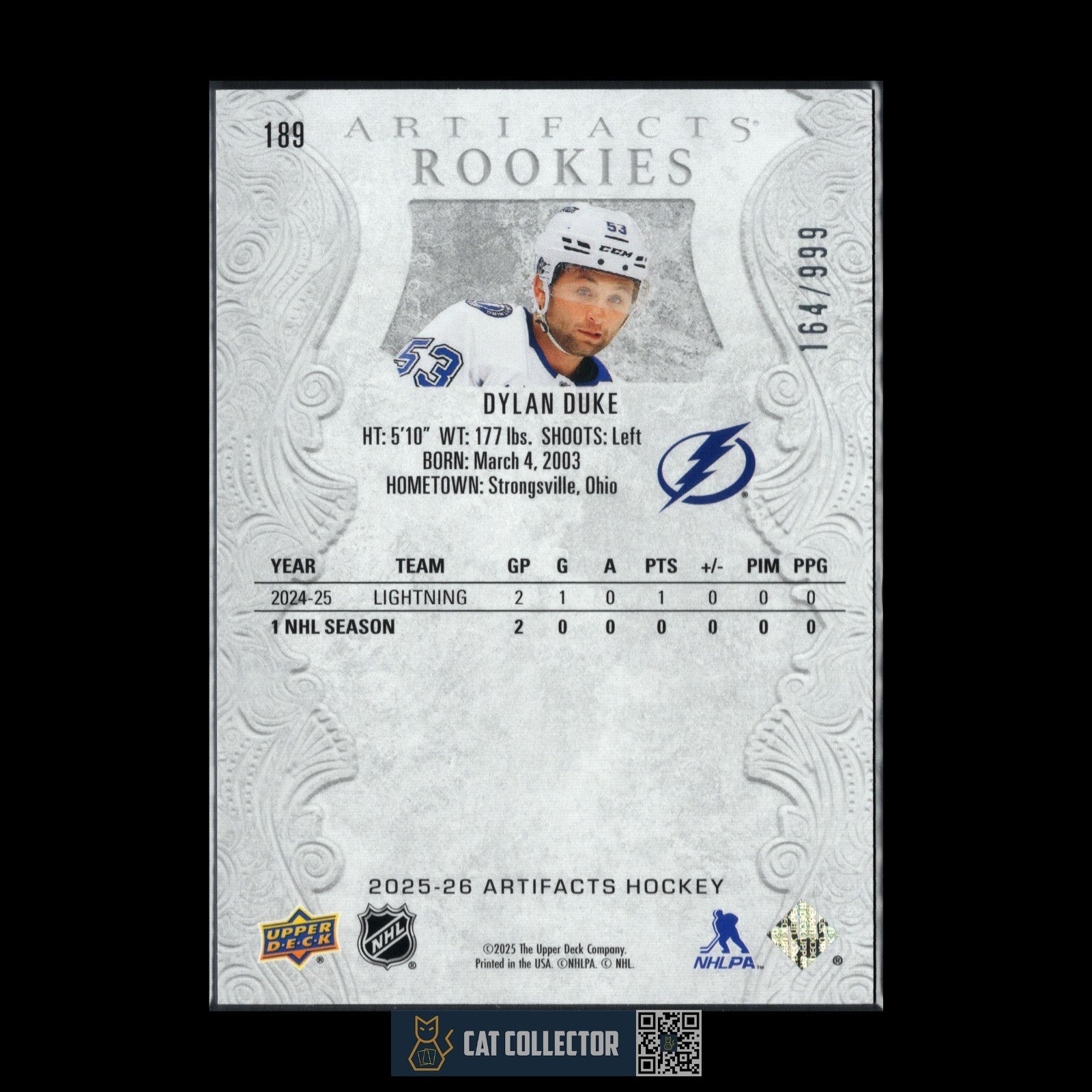 2025-26 UD Artifacts DYLAN DUKE #189 Rookie RC /999 - Tampa Bay Lightning