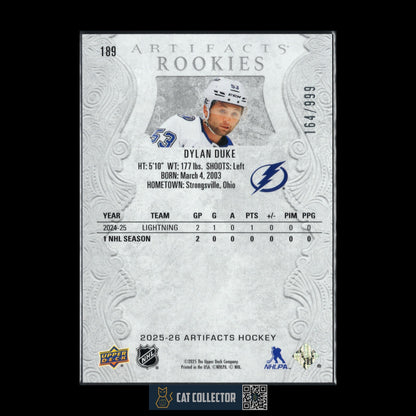 2025-26 UD Artifacts DYLAN DUKE #189 Rookie RC /999 - Tampa Bay Lightning