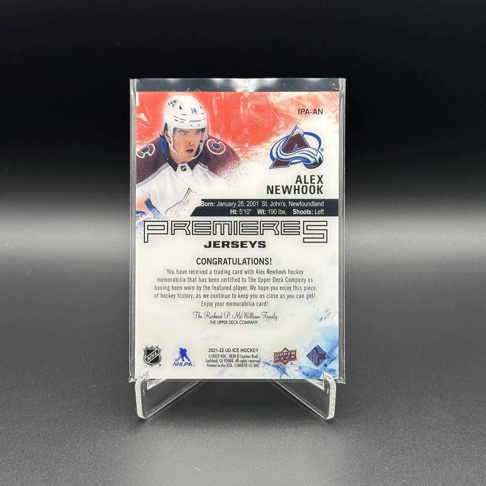 2021-22 UD Ice ALEX NEWHOOK #IPA-AN Premieres Jersey Rookie RC