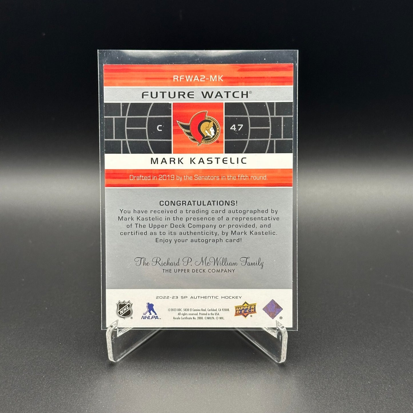 2022-23 UD SP Authentic MARK KASTELIC #RFWA2-MK Retro Future Watch AUTO /399
